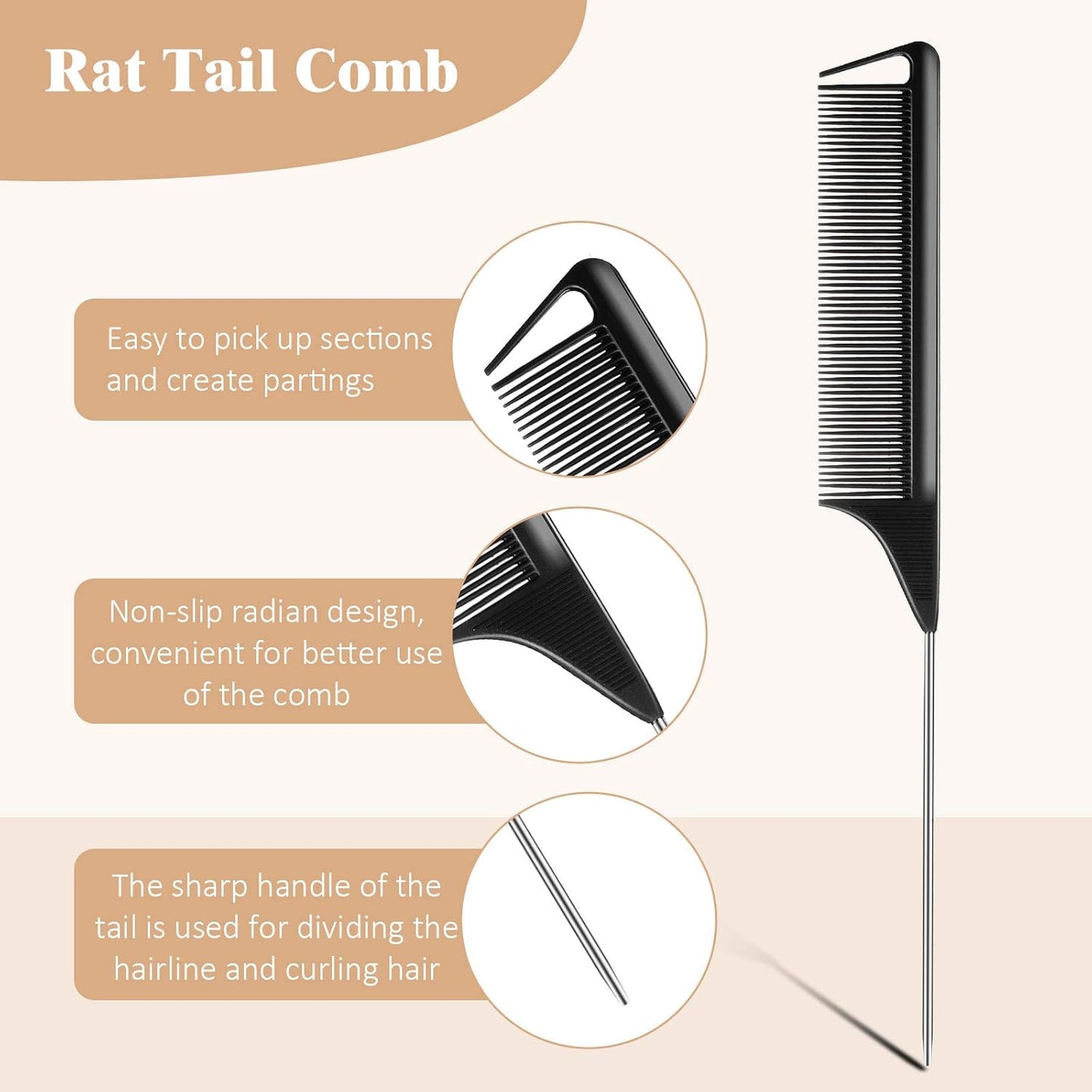 3 Pcs Rat Tail Parting Comb for Braids Carbon Fiber Stainless Steel Pintail Teasing Combs Heat Resistant with Wide Tooth for Men and Women, Hair Stylist, Salon Hairdressing Hair Care Tools