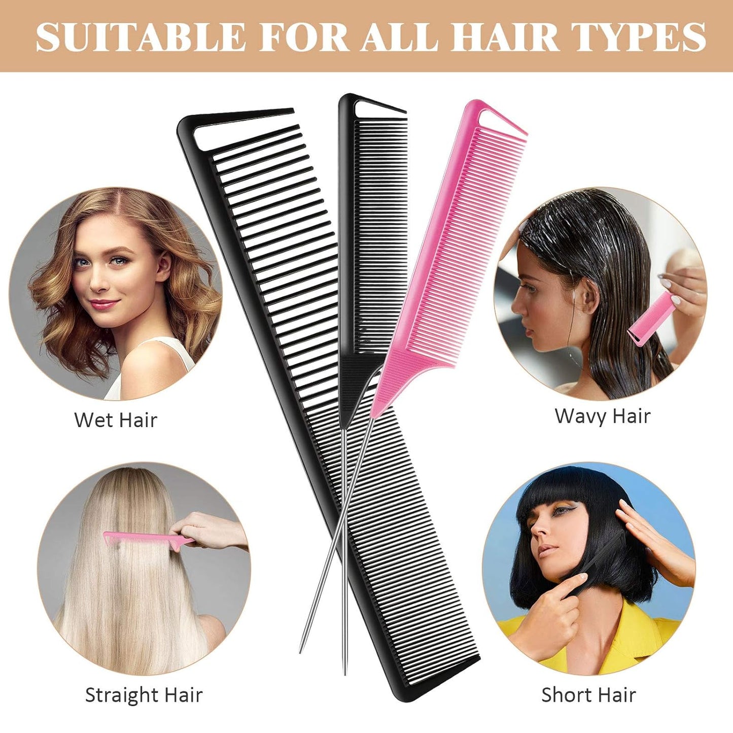 3 Pcs Rat Tail Parting Comb for Braids Carbon Fiber Stainless Steel Pintail Teasing Combs Heat Resistant with Wide Tooth for Men and Women, Hair Stylist, Salon Hairdressing Hair Care Tools