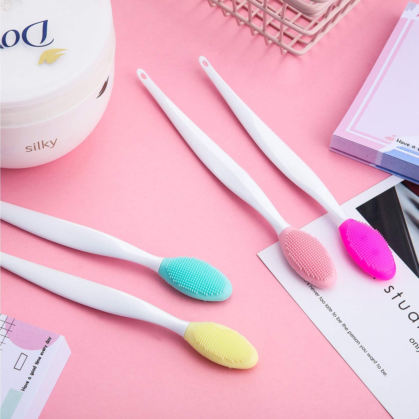 4 Pieces Silicone Exfoliating Lip Brush Tool Double-sided Soft Lip Brush for Smoother and Fuller Lip Appearance (Rose Red, Yellow, Mint Green, Pink)