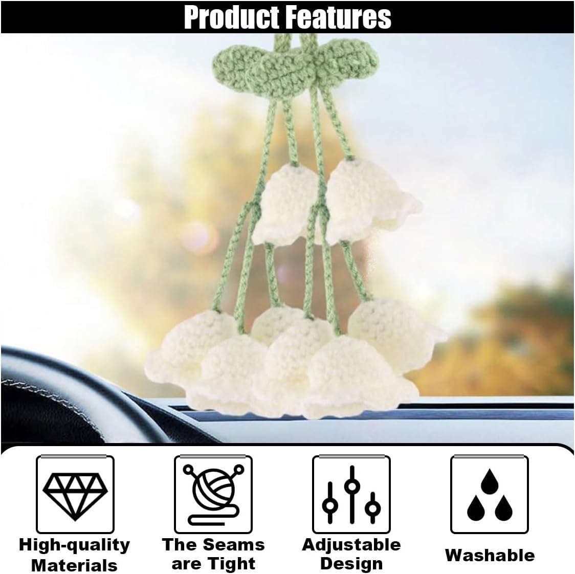 Car Mirror Hanging Accessories, Cute Crochet Suzuran Car Rearview Mirror Charm, Handmade Knitting, Fit for Backpack, Keychain (White)