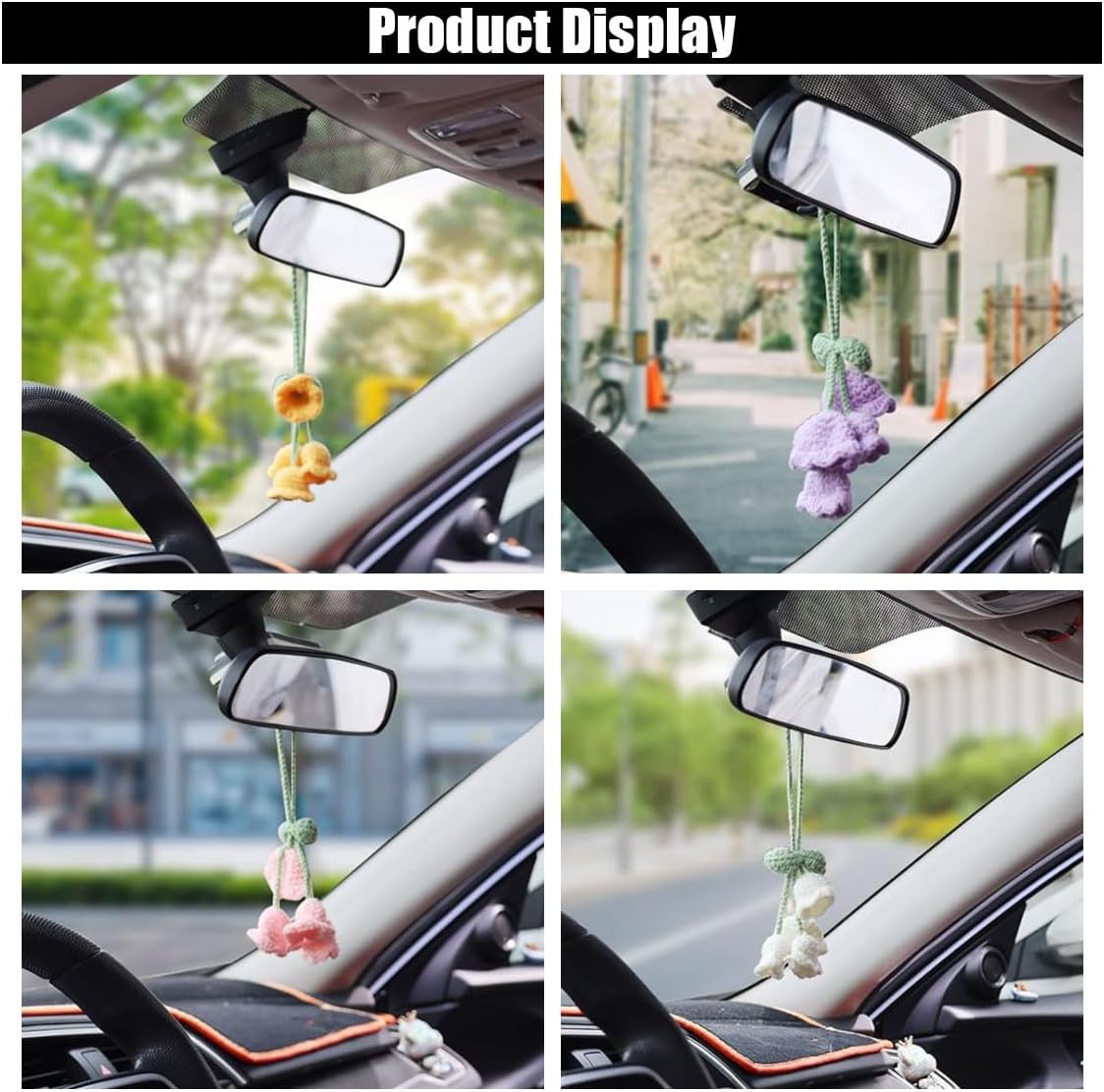 Car Mirror Hanging Accessories, Cute Crochet Suzuran Car Rearview Mirror Charm, Handmade Knitting, Fit for Backpack, Keychain (White)