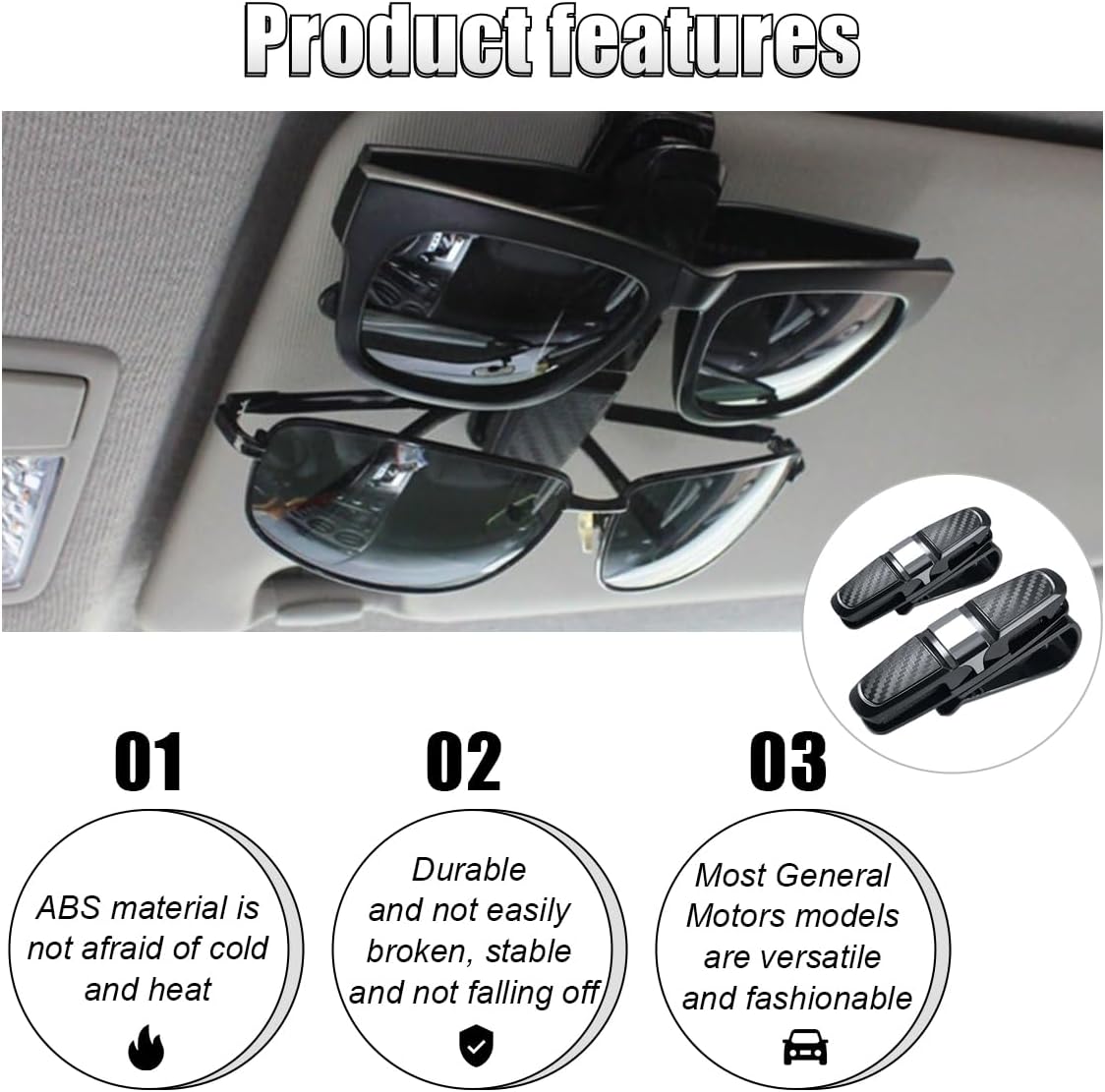 2PCS Glasses Holders for Car Sun Visor, Glasses Clip Organizer, Sunglasses Eyeglasses Mount with Ticket Card, Car Sun Visor Double-Ends Clip, 180 Degree Rotational Car Glasses Holder