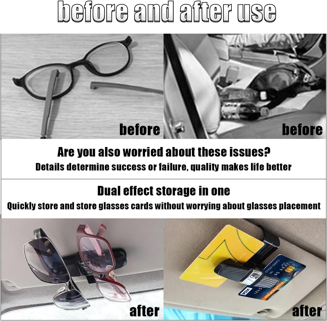 2PCS Glasses Holders for Car Sun Visor, Glasses Clip Organizer, Sunglasses Eyeglasses Mount with Ticket Card, Car Sun Visor Double-Ends Clip, 180 Degree Rotational Car Glasses Holder