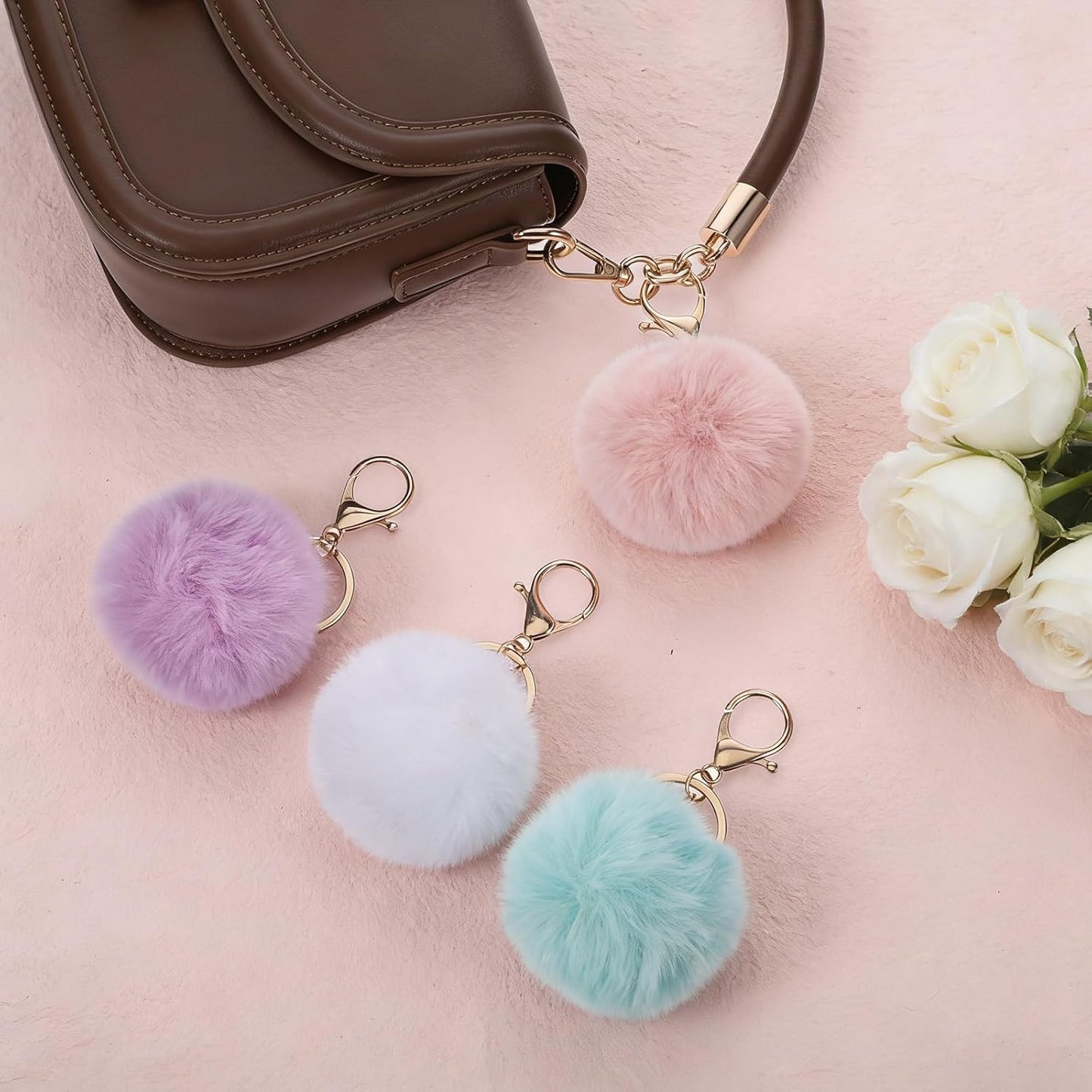 4 Pcs Pom Pom Keychains, Artificial Fur Ball Keychain Charms Ball Keyrings, Soft Fluffy Plush Tote Pendant Pompom Key Chains, Cute Colorful Car Bag Charm Purse Bag Accessories for Women (4 Colors)