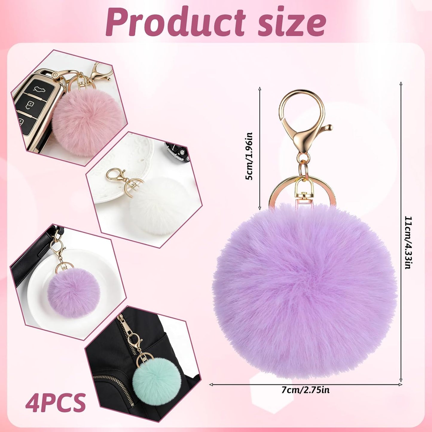 4 Pcs Pom Pom Keychains, Artificial Fur Ball Keychain Charms Ball Keyrings, Soft Fluffy Plush Tote Pendant Pompom Key Chains, Cute Colorful Car Bag Charm Purse Bag Accessories for Women (4 Colors)