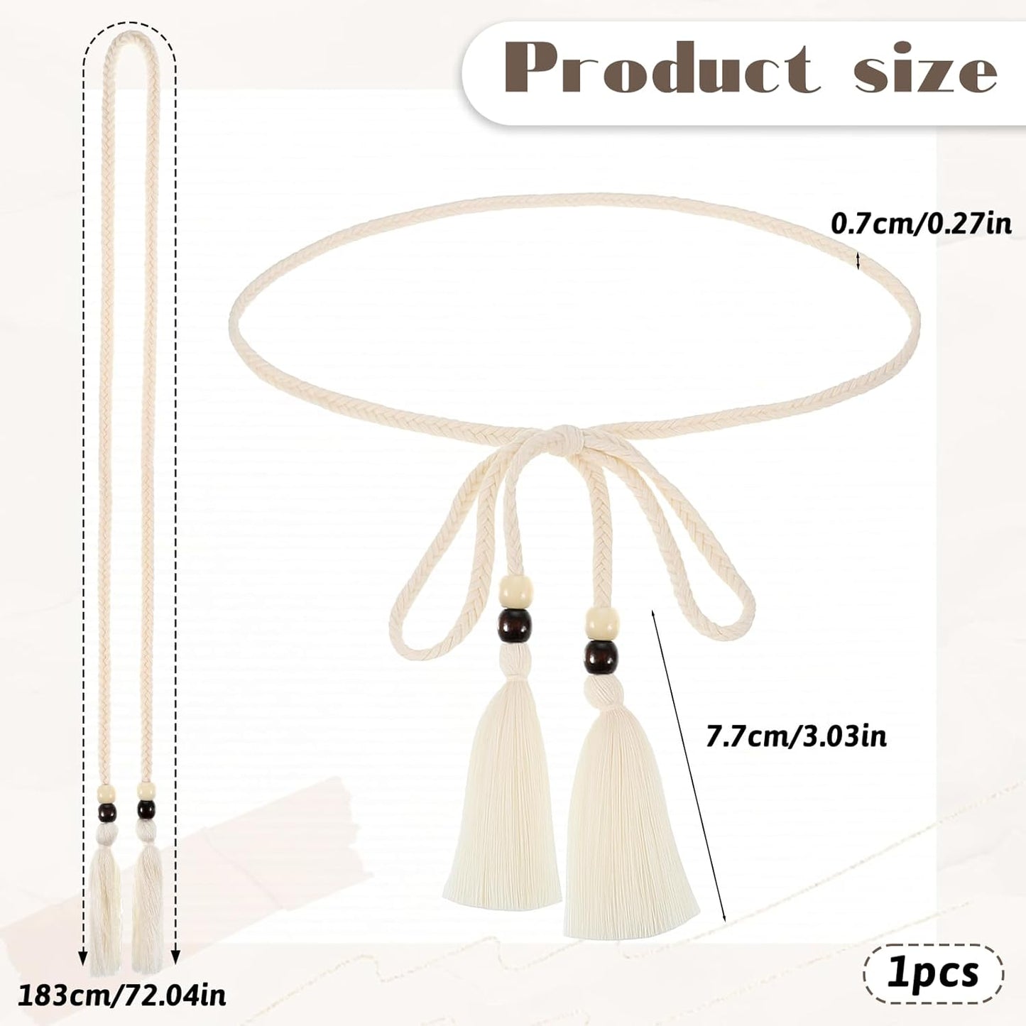 Women's Braided Knotted Waist Belt, Skinny Boho Chain Fringe Tie Belt with Wooden Beads Decorative Beaded Belts Waistband for Women Dresses, Skirts, Tunics Boho Outfits (White)