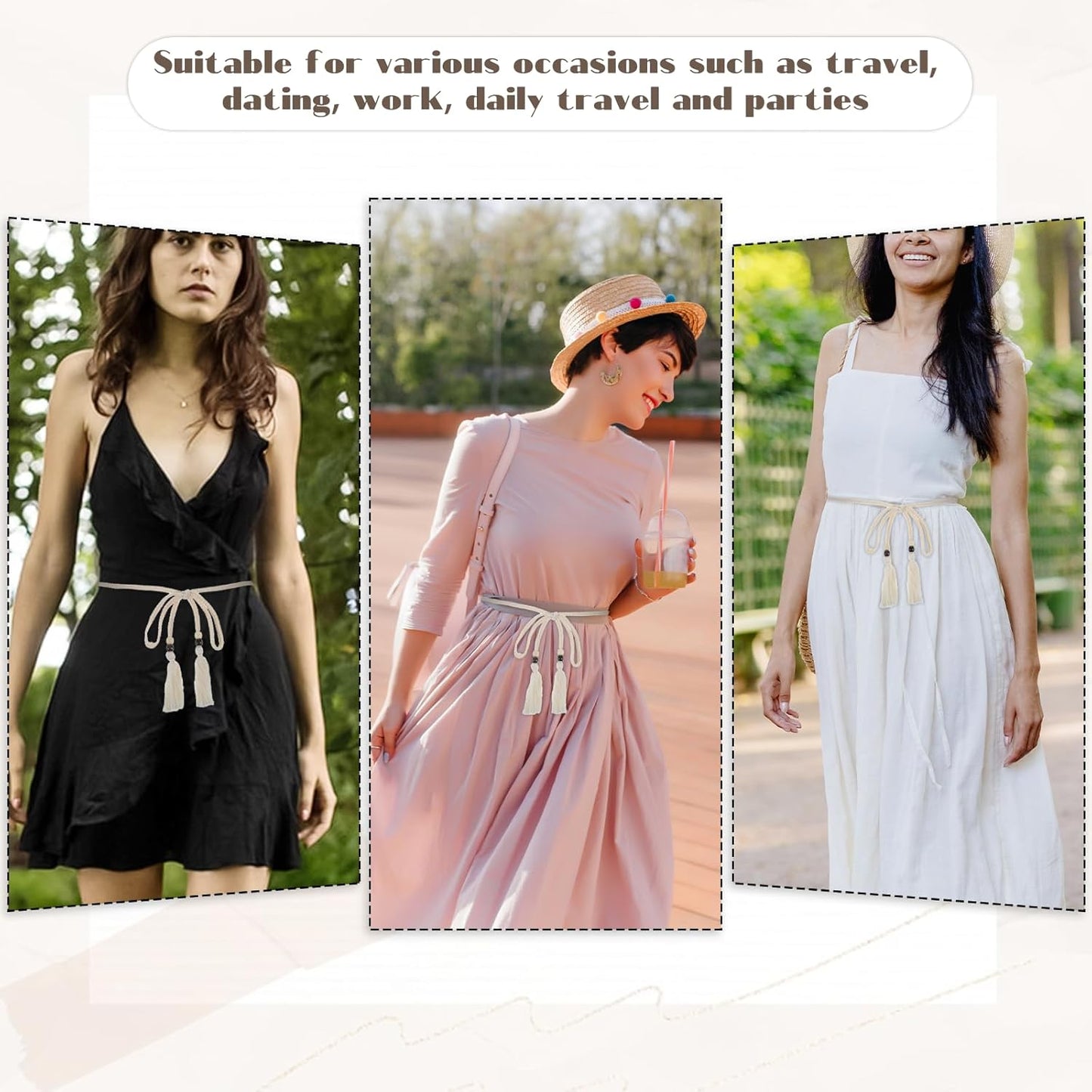Women's Braided Knotted Waist Belt, Skinny Boho Chain Fringe Tie Belt with Wooden Beads Decorative Beaded Belts Waistband for Women Dresses, Skirts, Tunics Boho Outfits (White)