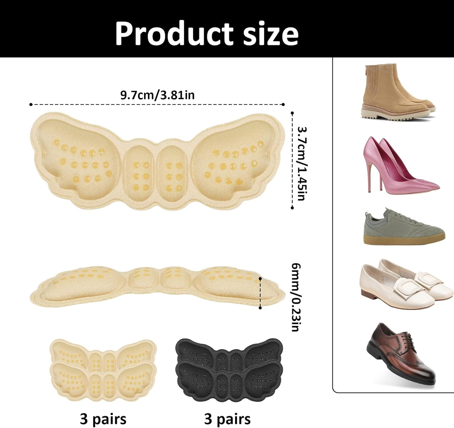 6 Pairs Heel Pads for Shoes, Soft Heel Grips Cushion Comfortable Heels Pads Cushion Protectors Inserts for Men Women Pain Relief, Improved Fit Loose Shoes, Comfort Protectors (Black, Beige)