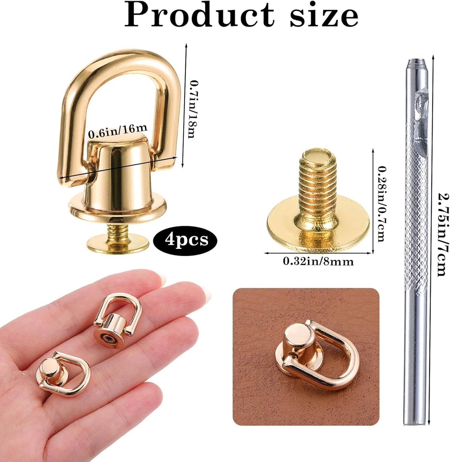4 Pcs D Rings for Purse, Heavy Duty 360° Rotatable Metal Hardware, Stud Screw Ball Rivets with Punch Purse Making Supplies for Crossbody Conversion Kit DIY Handbag Leather Straps, Dog Collar (Gold)
