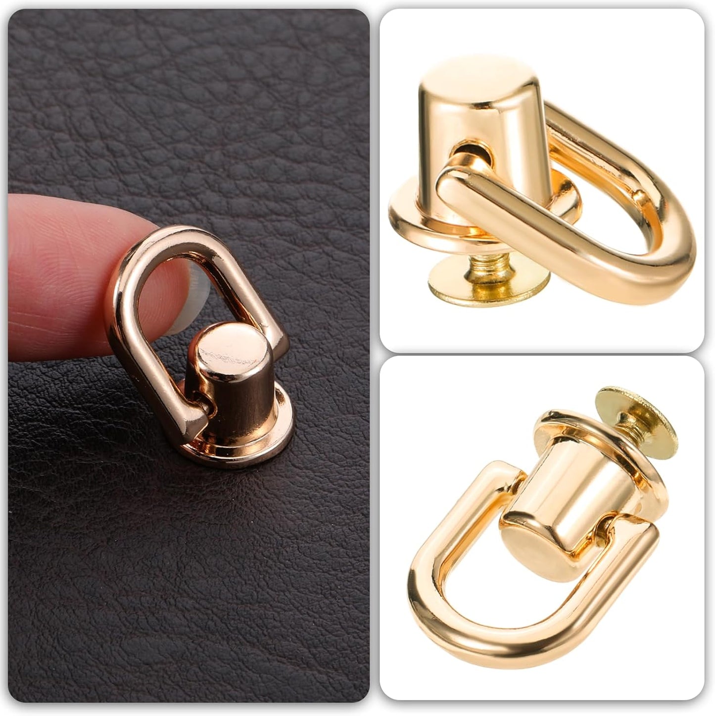 4 Pcs D Rings for Purse, Heavy Duty 360° Rotatable Metal Hardware, Stud Screw Ball Rivets with Punch Purse Making Supplies for Crossbody Conversion Kit DIY Handbag Leather Straps, Dog Collar (Gold)