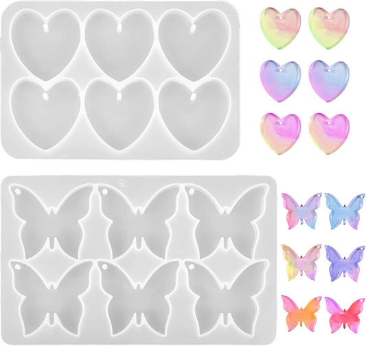 Butterfly Molds Silicone, 2 Pack Fondant Molds 6 Grids Epoxy Resin Mold with Hole Keychain Pendant Mold Heart Shape for DIY Crafts Jewelry Making