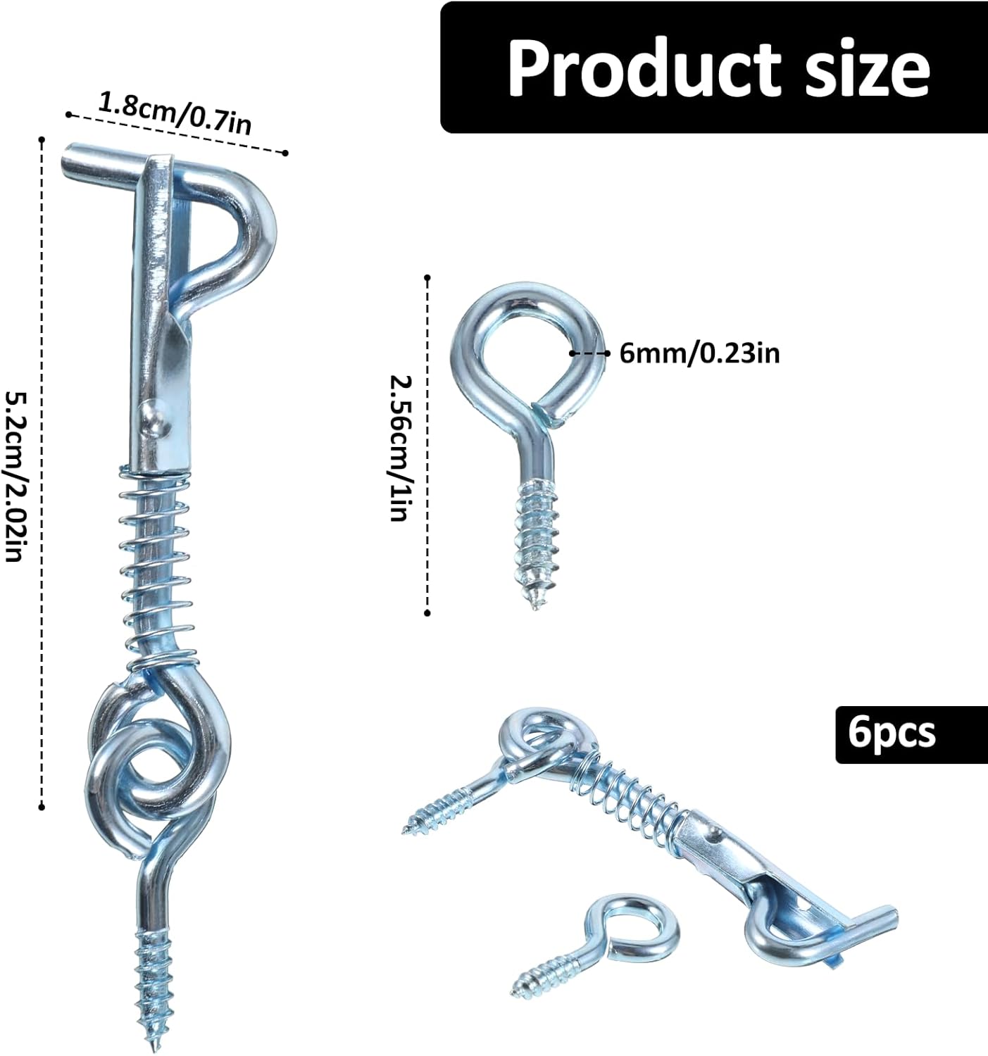 6 Pack Safety Hook and Eye Latch, 2 Inch Stainless Steel Spring Lock Gate Latch, Heavy Duty Rustproof Wire Gate Hook for Farm, Barn, Bathroom Doors, Family Security, Durable Outdoor Indoor Use