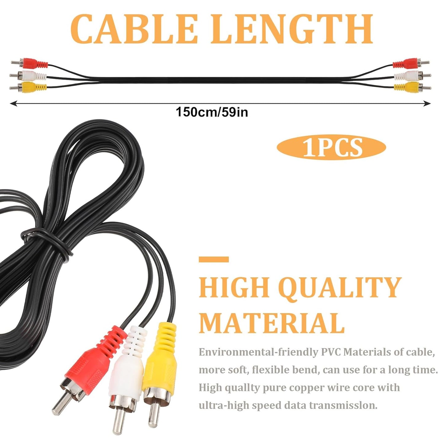 5FT RCA Audio Video Composite Cable, AV Cable Red/White/Yellow 3 Male to 3 Male for TV, DVD, VCR, Projector, Amplifier, Speaker, Satellite, Home Theater Receivers