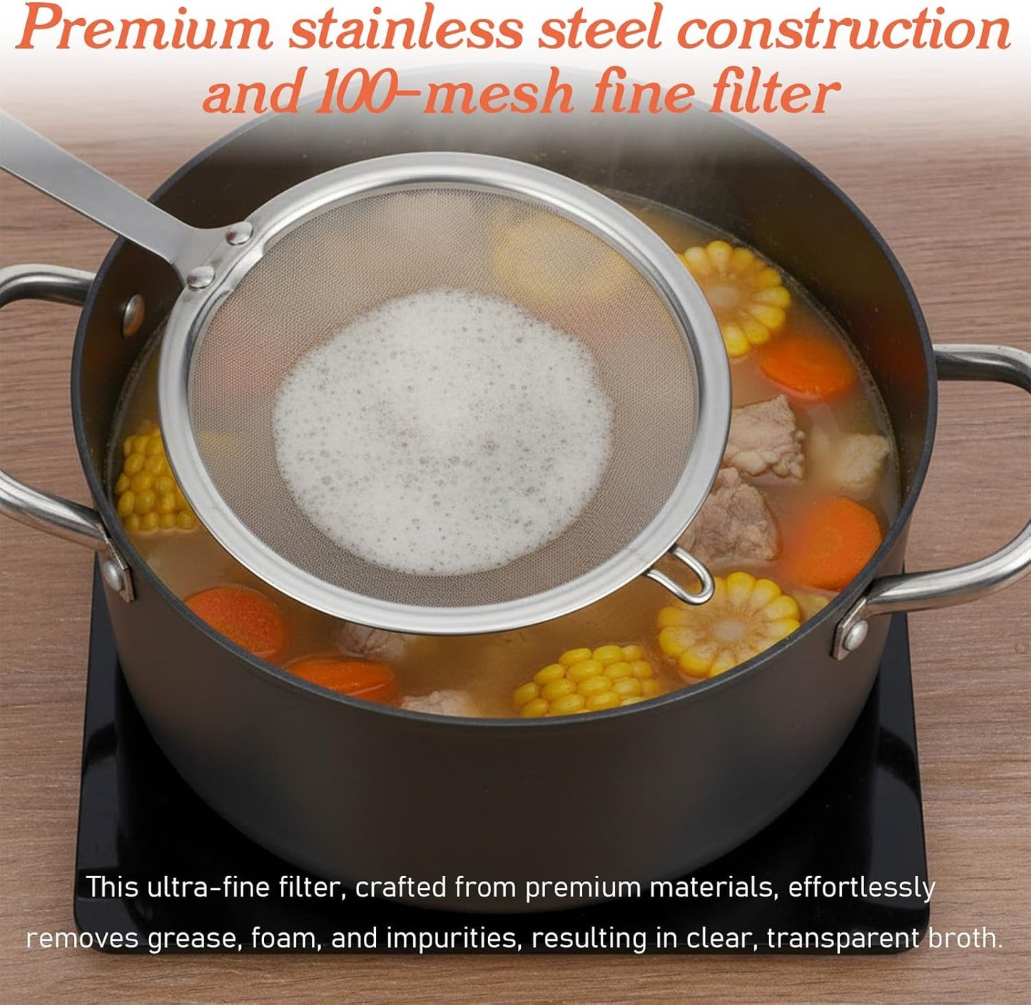 Stainless Steel Fat Skimmer Spoon 4” Fine Mesh Strainer with 9” Heat-Resistant Handle Grease Strainer Spoon Fat Separator for Cooking Frying Quinoa Soup Miso Foam Grease
