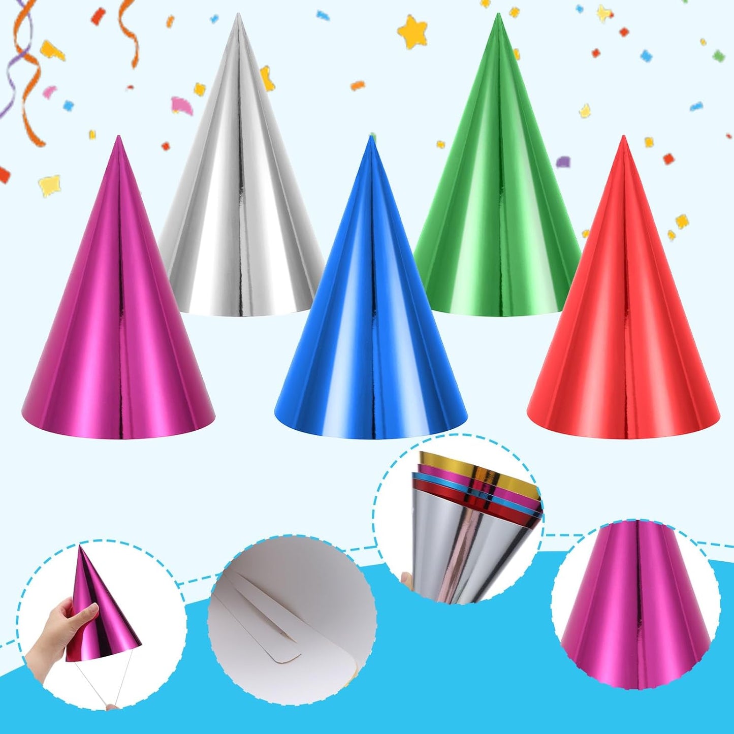 15 Pcs Colorful Birthday Party Hats, Paper Cone Hats Headbands Birthday Party Supplies Handmade Celebration Headwear with Elastic String for Kids and Adults, Friend Gatherings