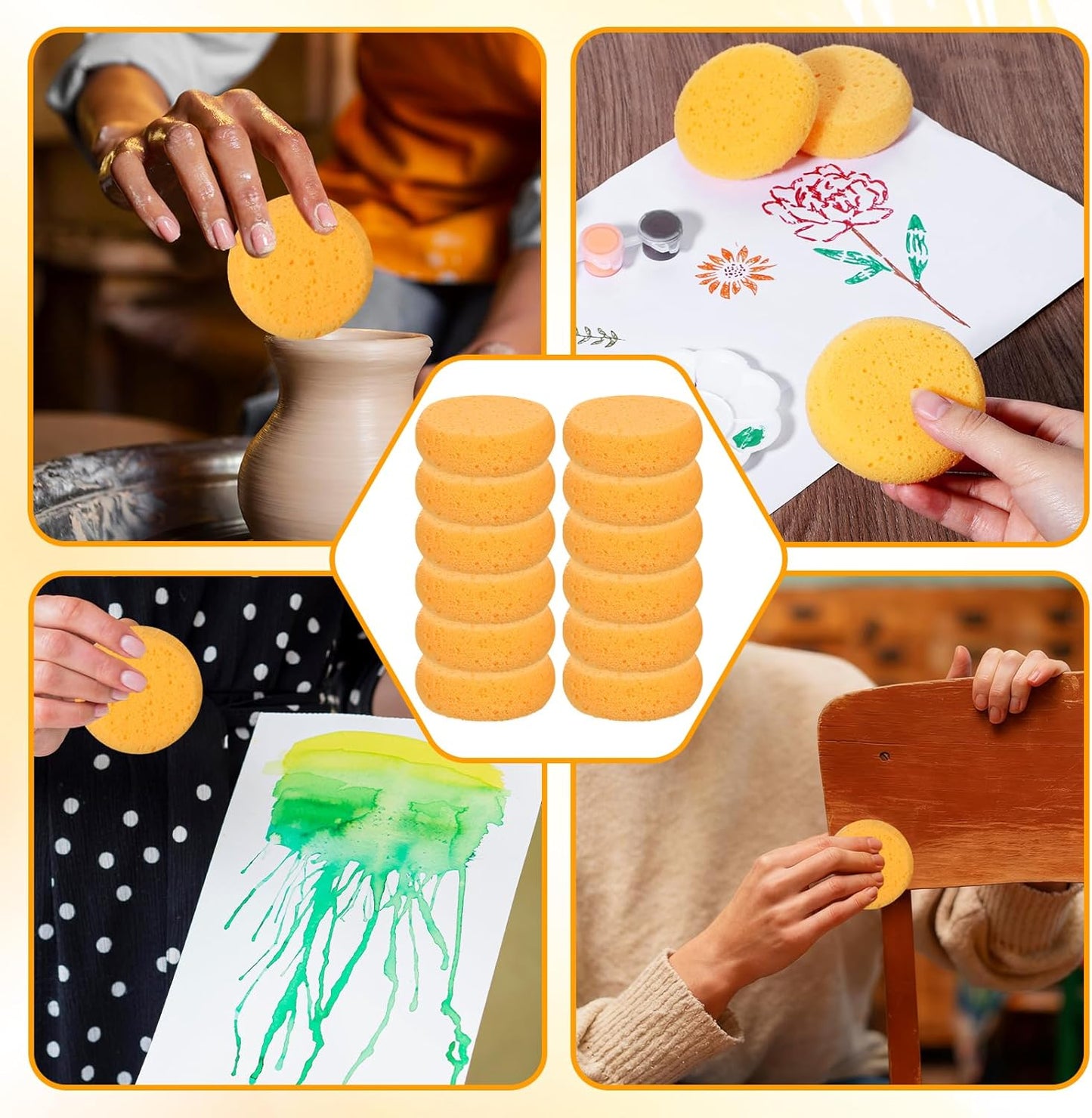 Paint Sponge, 12 Pcs Orange Round Painting Sponges 3 Inch Artist Pottery Sponge Applicator Watercolor Sponges for Face Painting Pottery Art Crafts Ceramics