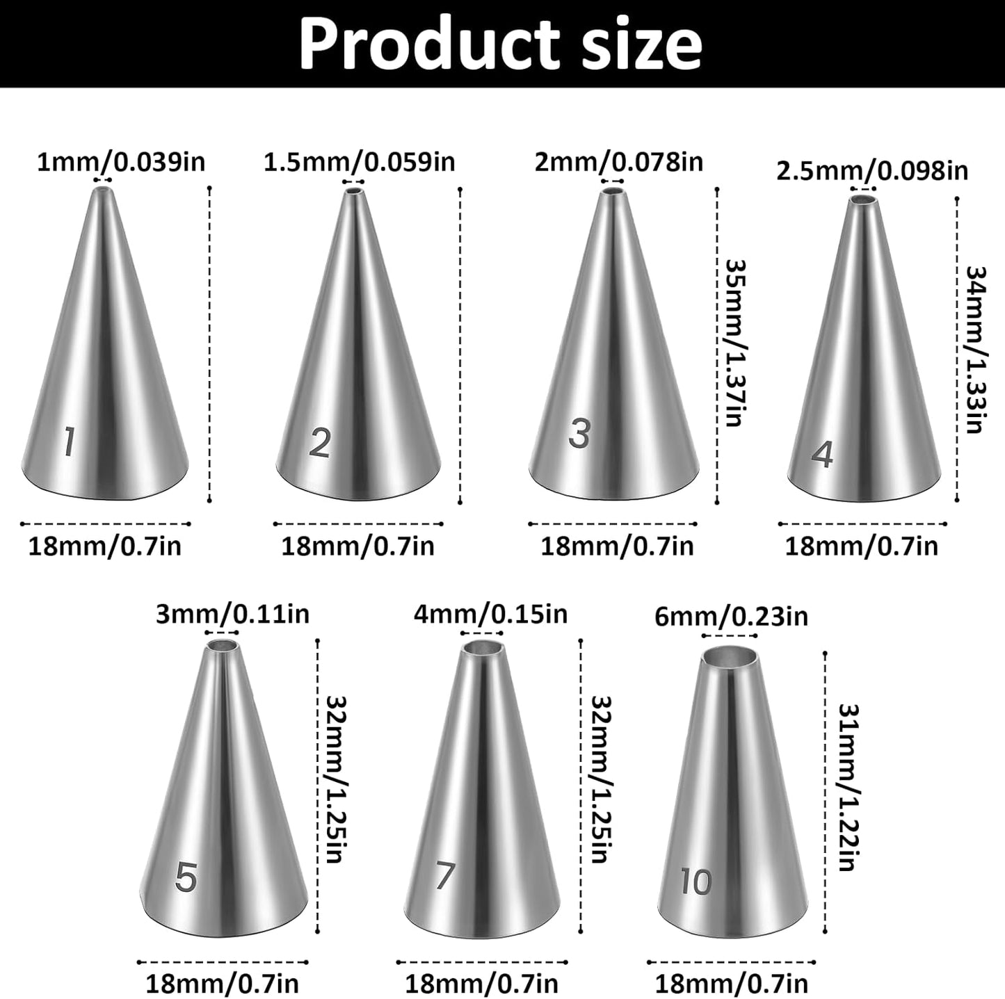 7 PCS Piping Tips, Cake Decorating Kit Extra Fine Stainless Steel Meringue Icing Tips Piping Nozzles Round Hole Icing Tip Cupcake Frosting Nozzles for Buttercream, Birthday Cake, Cupcake, DIY Art