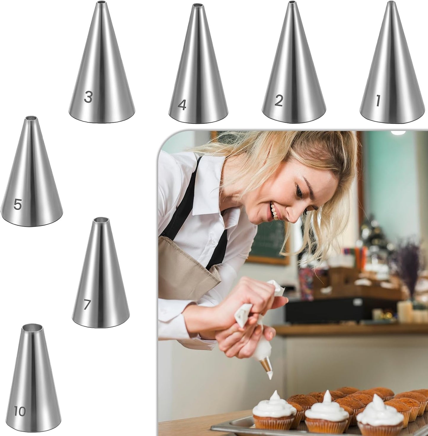 7 PCS Piping Tips, Cake Decorating Kit Extra Fine Stainless Steel Meringue Icing Tips Piping Nozzles Round Hole Icing Tip Cupcake Frosting Nozzles for Buttercream, Birthday Cake, Cupcake, DIY Art