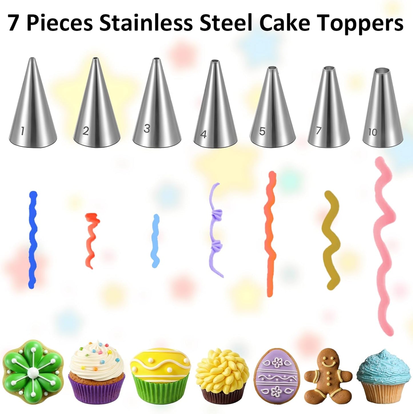 7 PCS Piping Tips, Cake Decorating Kit Extra Fine Stainless Steel Meringue Icing Tips Piping Nozzles Round Hole Icing Tip Cupcake Frosting Nozzles for Buttercream, Birthday Cake, Cupcake, DIY Art