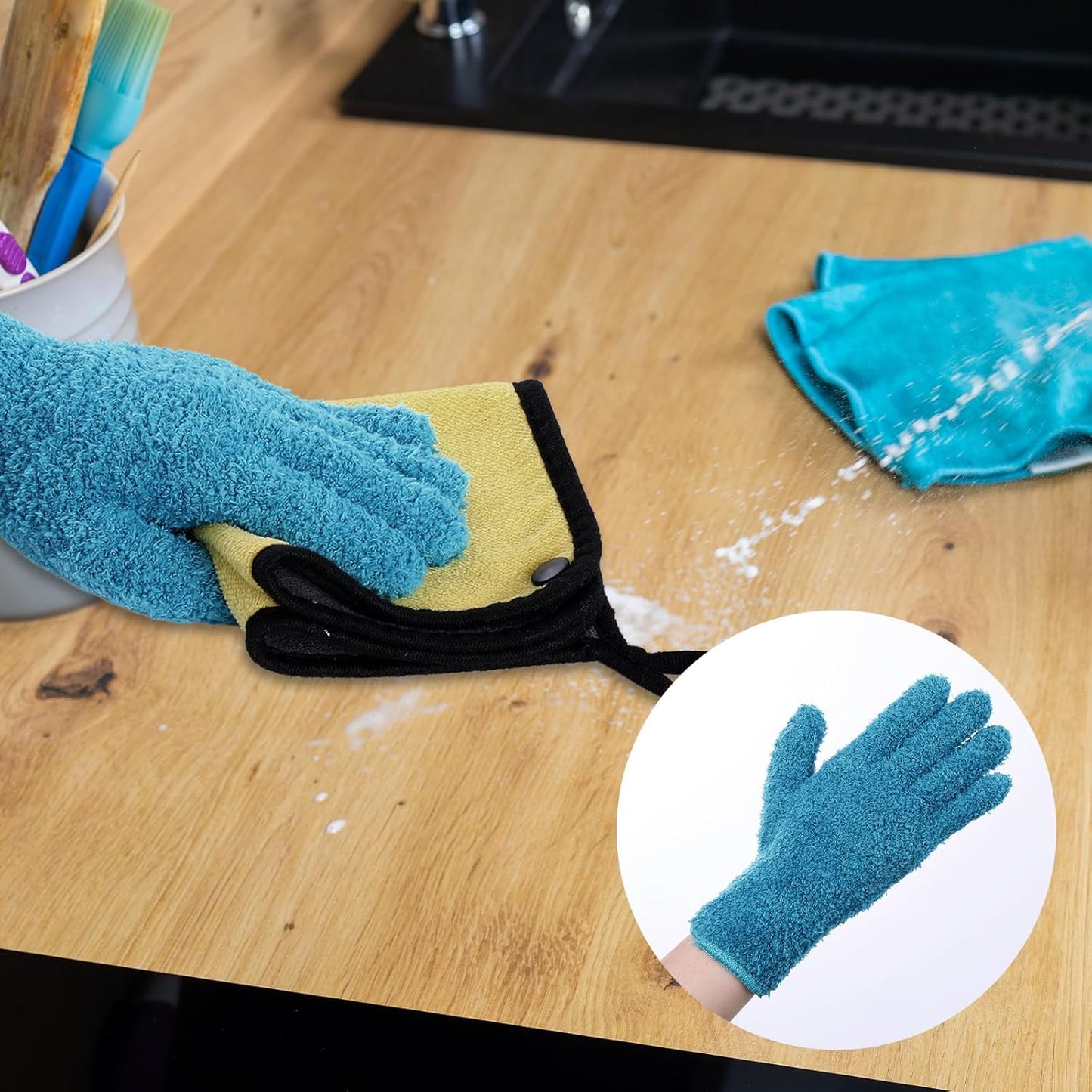 Microfiber Gloves for Plants Dusting Cleaning, Dusting Gloves for House Cleanings, Coral Fleece Cleaning Mittens Reusable Household Glove for Plants Cars Blinds Lamps Hard to Reach Corners (Blue)