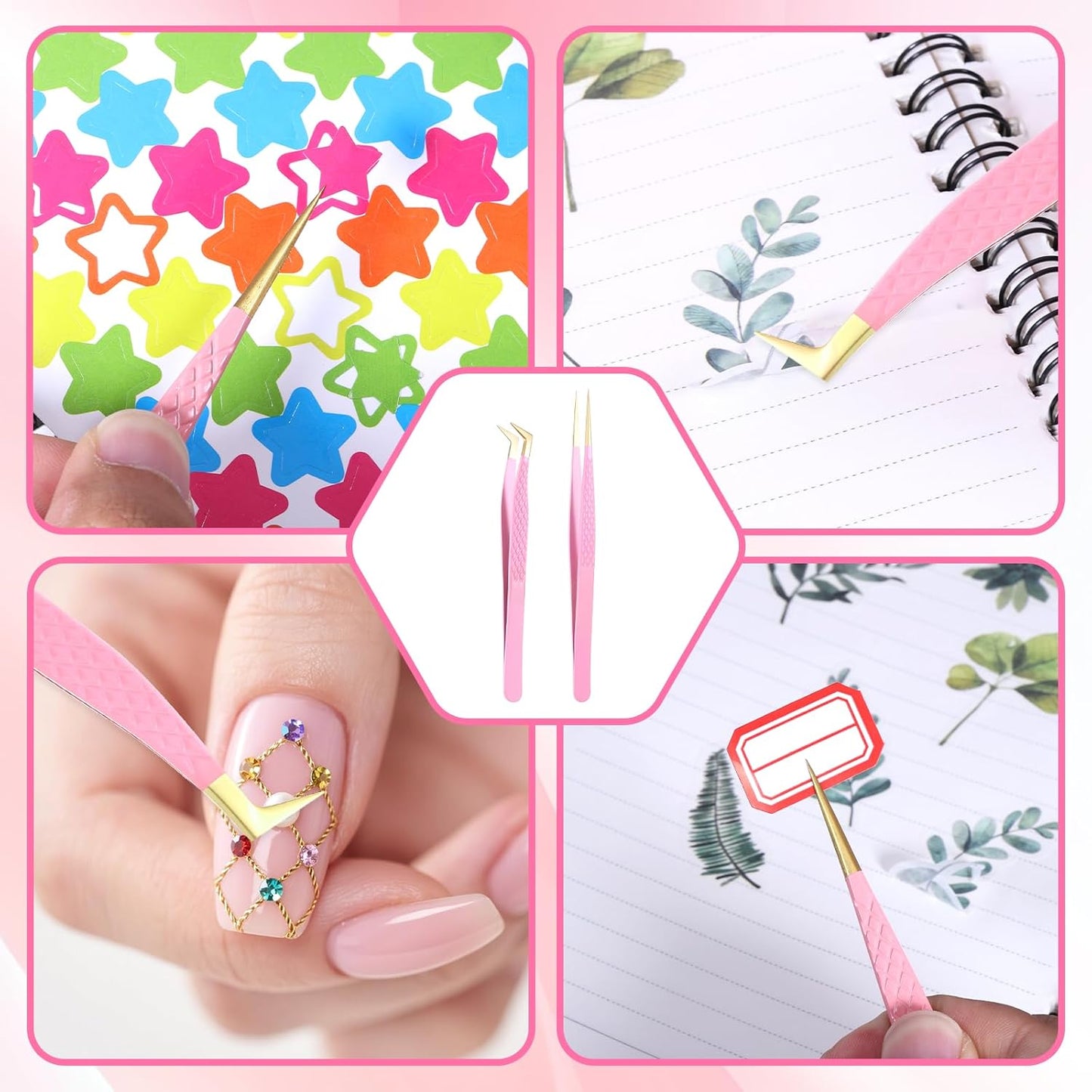 2 Pcs Professional Lash Tweezers Set, Eyelash Cluster Extension Tools Fiber Tip Women Lash Eyelash Eyebrow Tweezers with Bent and Straight Tips, Non-Slip Grip for Volume Classic Lashes (Pink)