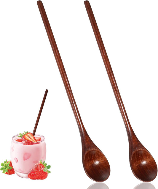 2 PCS Wooden Spoons for Honey, Long Handle Mixing Wooden Spoon 7.8 Inch Honey Spoons Matcha Spoon for Stirring Brown Cocktail Stirrer Mixing Teaspoon for Home Kitchen Bar Restaurant