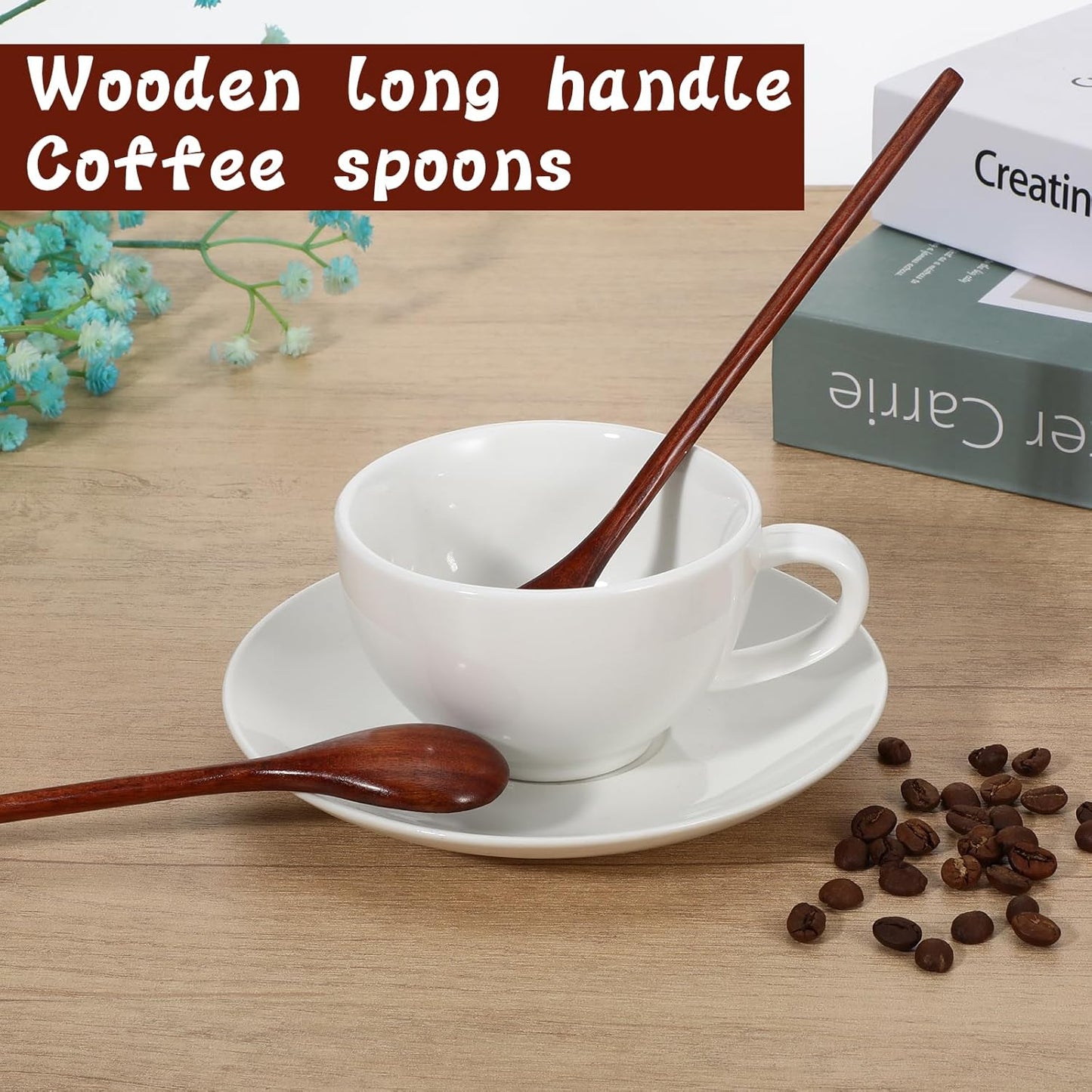 2 PCS Wooden Spoons for Honey, Long Handle Mixing Wooden Spoon 7.8 Inch Honey Spoons Matcha Spoon for Stirring Brown Cocktail Stirrer Mixing Teaspoon for Home Kitchen Bar Restaurant