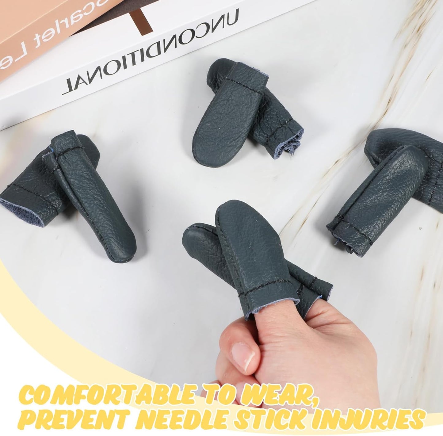 4 Pairs Crochet Finger Protectors, Leather Thimbles for Hand Sewing, Durable Needle Felting Knitting Thimble Guards Felting Tools Finger Protector for Hand Sewing, Embroidery Crafting