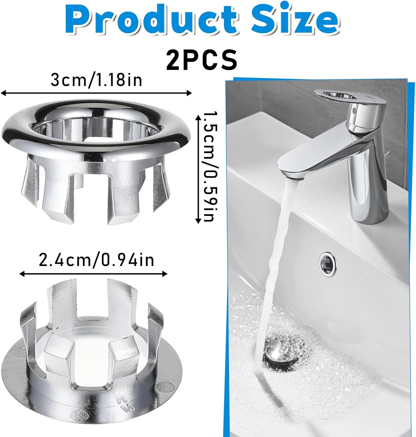 Sink Overflow Ring, 2 Pack Universal Bathroom Kitchen Sink Hole Trim Chrome Drain Cover, Overflow Trim Ring Insert Cap Fits Round Hole Diameter Replacement for Basin Vanity, Ceramic Sinks