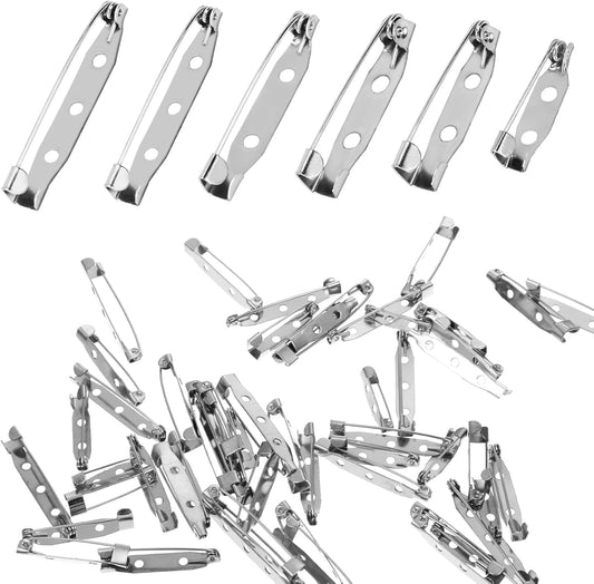 60 Pcs Brooch Pin Backs, 6 Sizes Metal Flat Back Safety Pins, Bar Pin Backings with Secure Locking Clasp for DIY Jewelry Making, Name Tags, Badges Craft Projects (Silver Color)