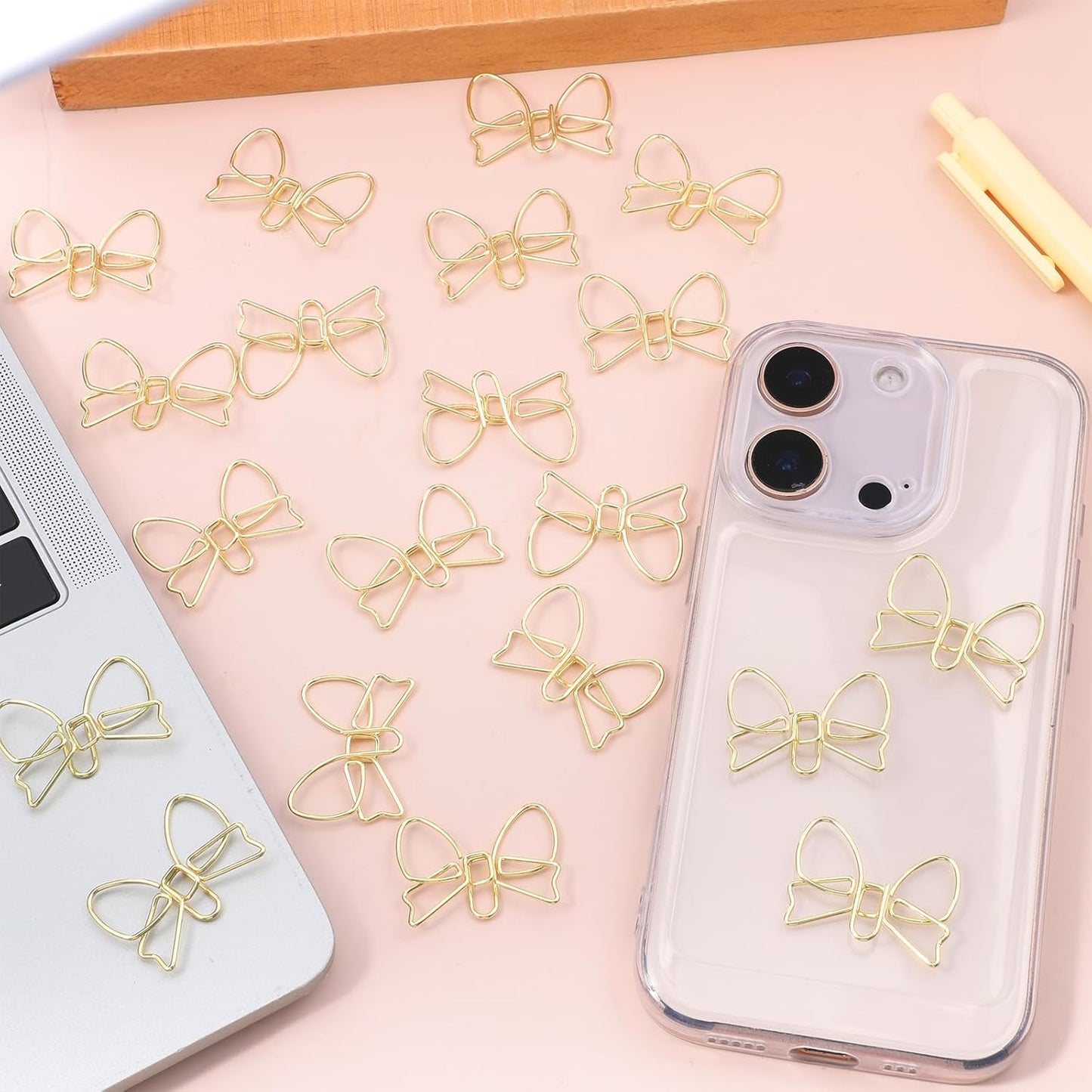 20 Pcs Mini Bow Shape Paper Clips, Gold Paperclips Cute Paper Clips Decorative Bowknot Paperclips Metal Bookmarks Funny Planner Clip Desk Accessories for School Office Supplies Home Document