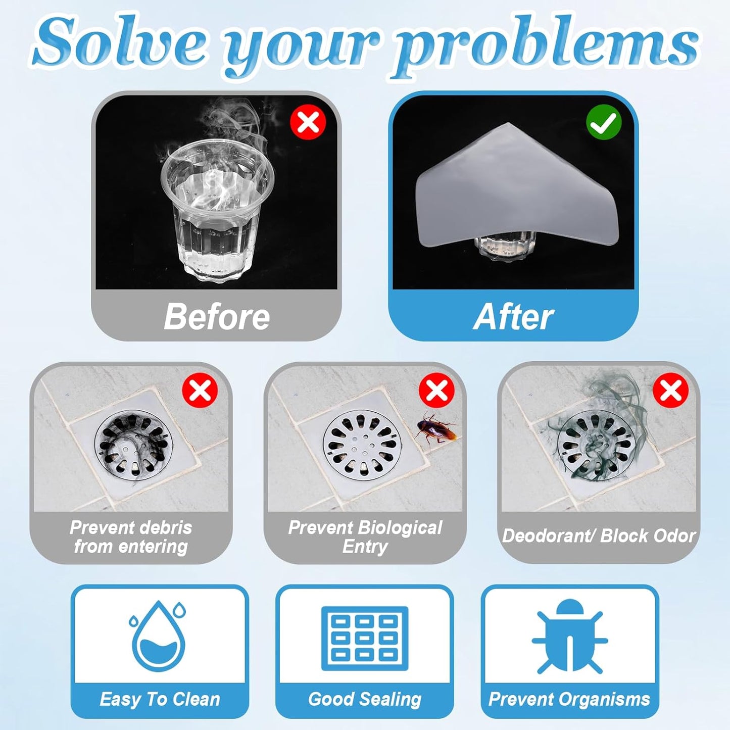 Drain Cover, 6 PCS Silicone Shower Drain Cover Square Bathtub Stopper Multifunctional Floor Drain Covers Anti-Blocking Sink Covers for Laundr Kitchen Bathroom (Grey, White, 5.9 x 5.9 Inch)
