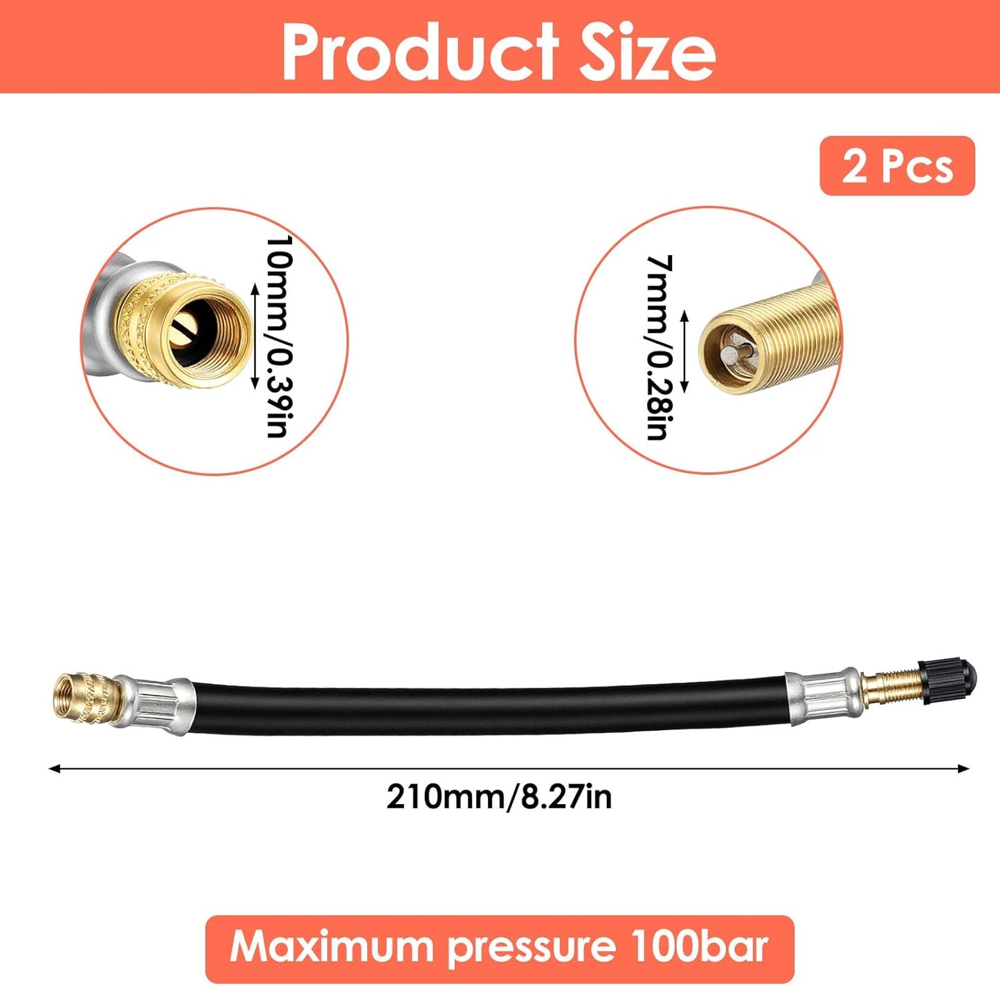 2 Pcs Valve Stem Extension, 8.25 Inch Tire Rubber Valve Extension Tube Extender Flexible Portable Universal Brass Air Inflation Hose Extensions Adapter for Car, Truck, Motorcycle, Bike, Scooter