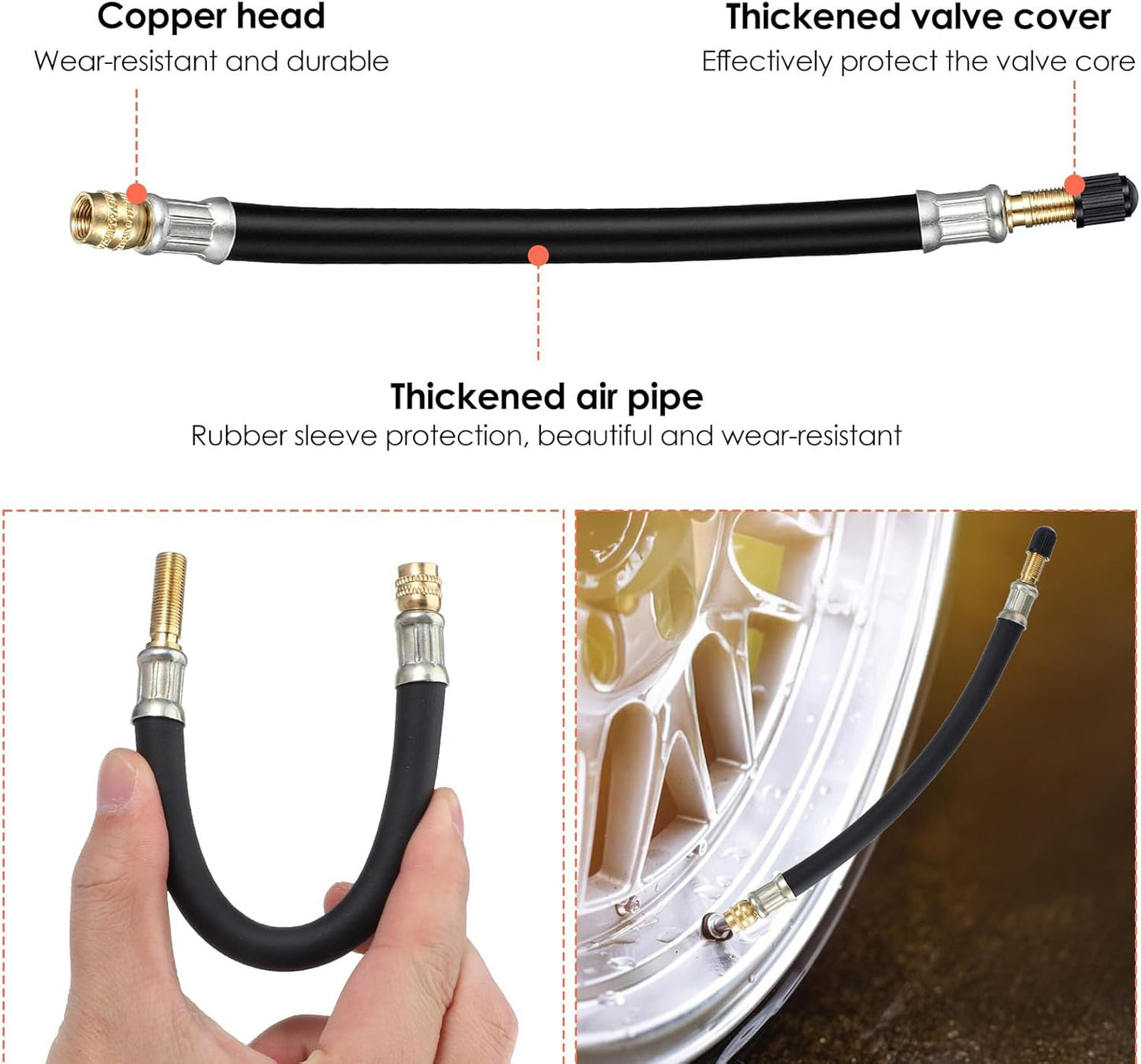 2 Pcs Valve Stem Extension, 8.25 Inch Tire Rubber Valve Extension Tube Extender Flexible Portable Universal Brass Air Inflation Hose Extensions Adapter for Car, Truck, Motorcycle, Bike, Scooter
