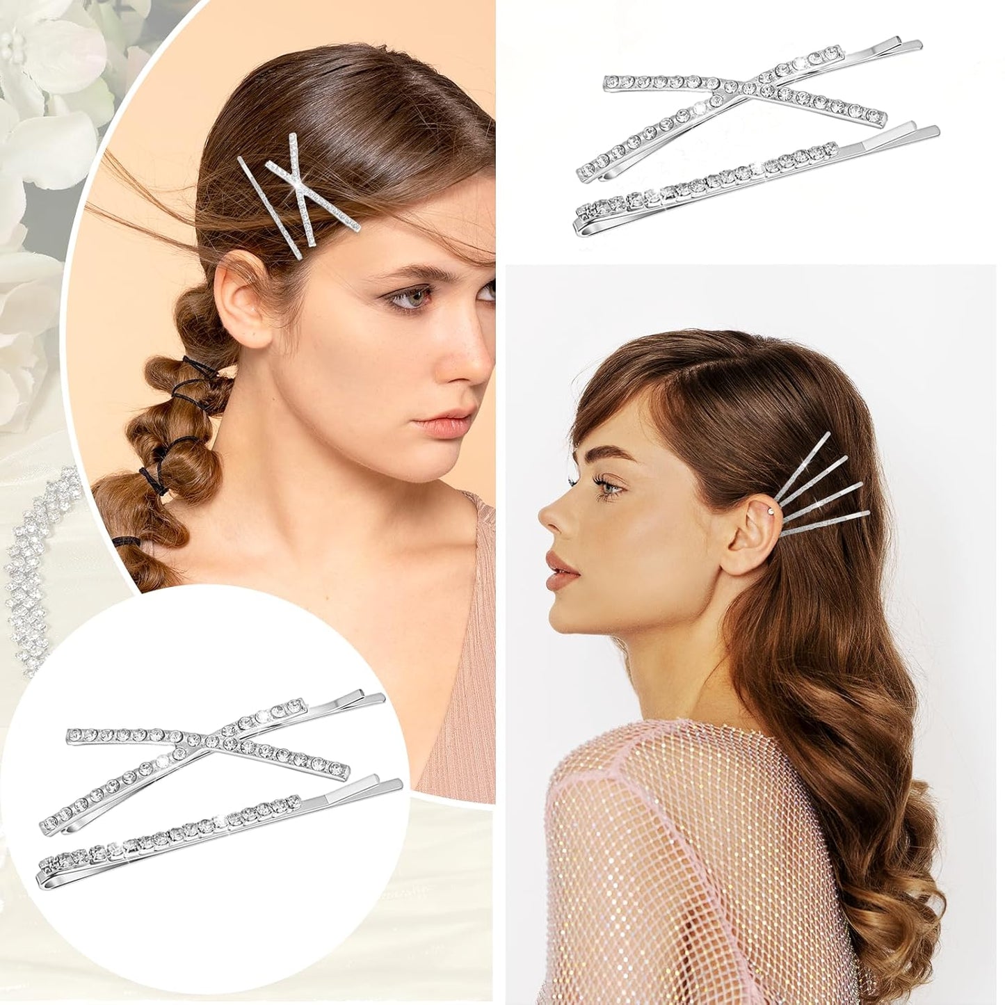 12 Pieces Rhinestone Bobby Pins for Women, Decorative Silver Hair Clips Crystal Shiny X Shaped Barrettes Metal Diamond Bling Hair Accessories for Women Girls Wedding Prom Party