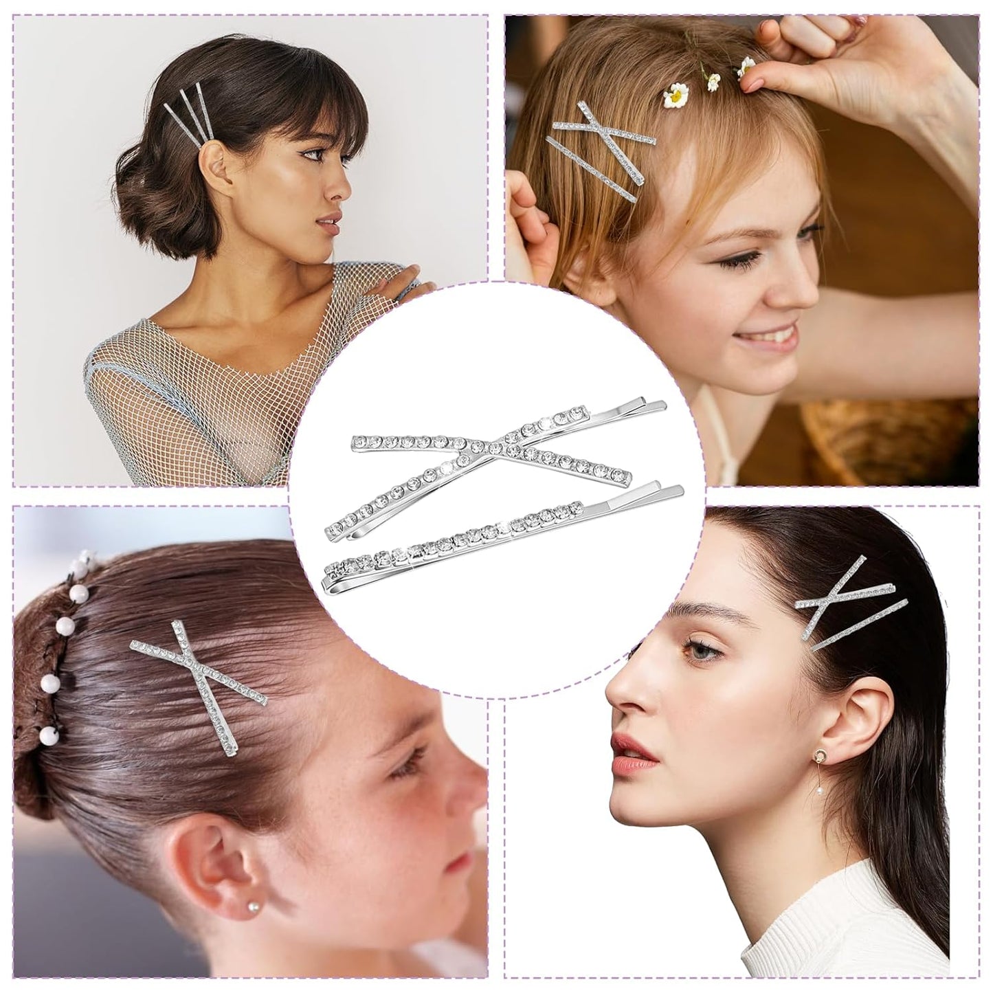 12 Pieces Rhinestone Bobby Pins for Women, Decorative Silver Hair Clips Crystal Shiny X Shaped Barrettes Metal Diamond Bling Hair Accessories for Women Girls Wedding Prom Party