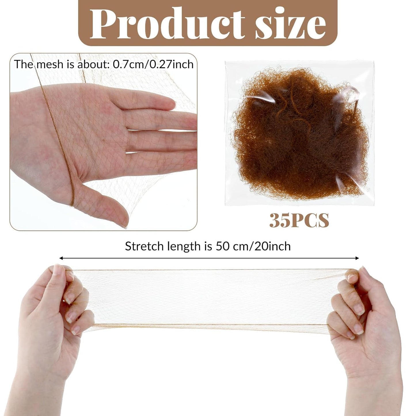 Hair Nets, 35 Pcs Invisible Hair Net for Buns, 20 Inch Strong Nylon Elastic Mesh Wig Nets Hairnet Hairs Accessories for Women Men Ballet, Food Service Workers, Kitchen Daily Styling (Brown)