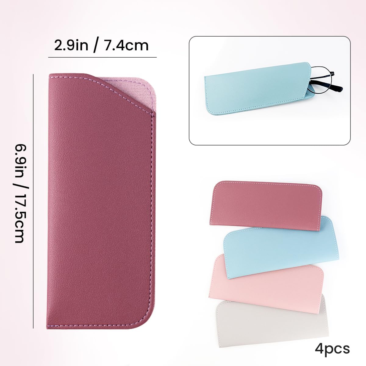 4 Pack Soft Leather Glasses Case 7x3 Inch Eyeglasses Pouch Portable PU Leather Glasses Pouch