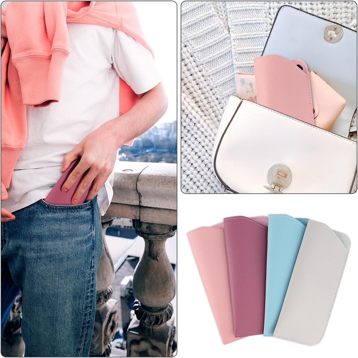 4 Pack Soft Leather Glasses Case 7x3 Inch Eyeglasses Pouch Portable PU Leather Glasses Pouch