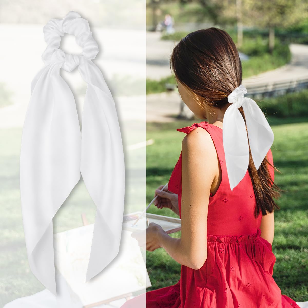 2 Pcs Knotted Bow Satin Hair Scrunchie Hair Scarf with Tail Hair Scrunchies Elastic Hair Scarf Ponytail Holder for Women and Girls (White)