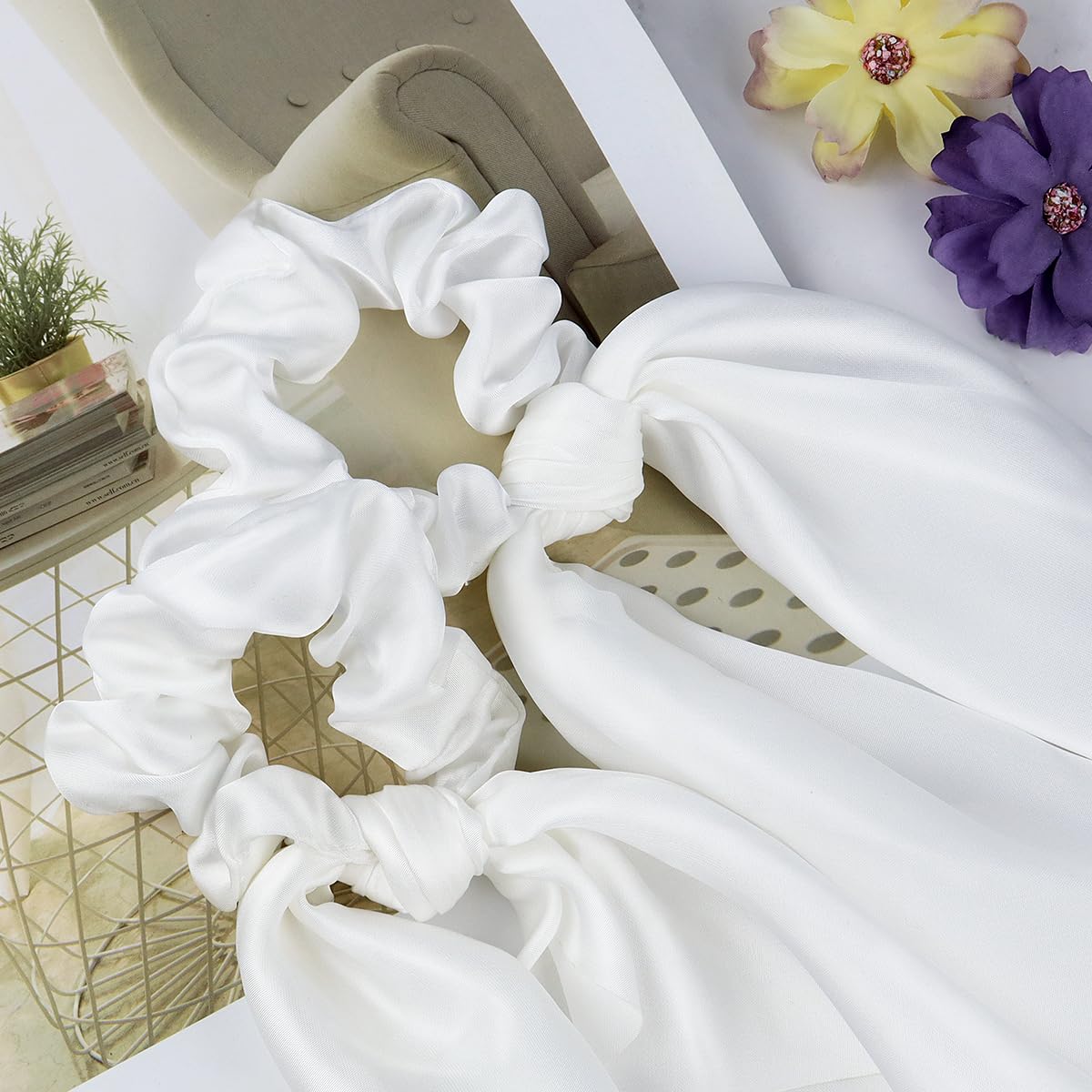 2 Pcs Knotted Bow Satin Hair Scrunchie Hair Scarf with Tail Hair Scrunchies Elastic Hair Scarf Ponytail Holder for Women and Girls (White)