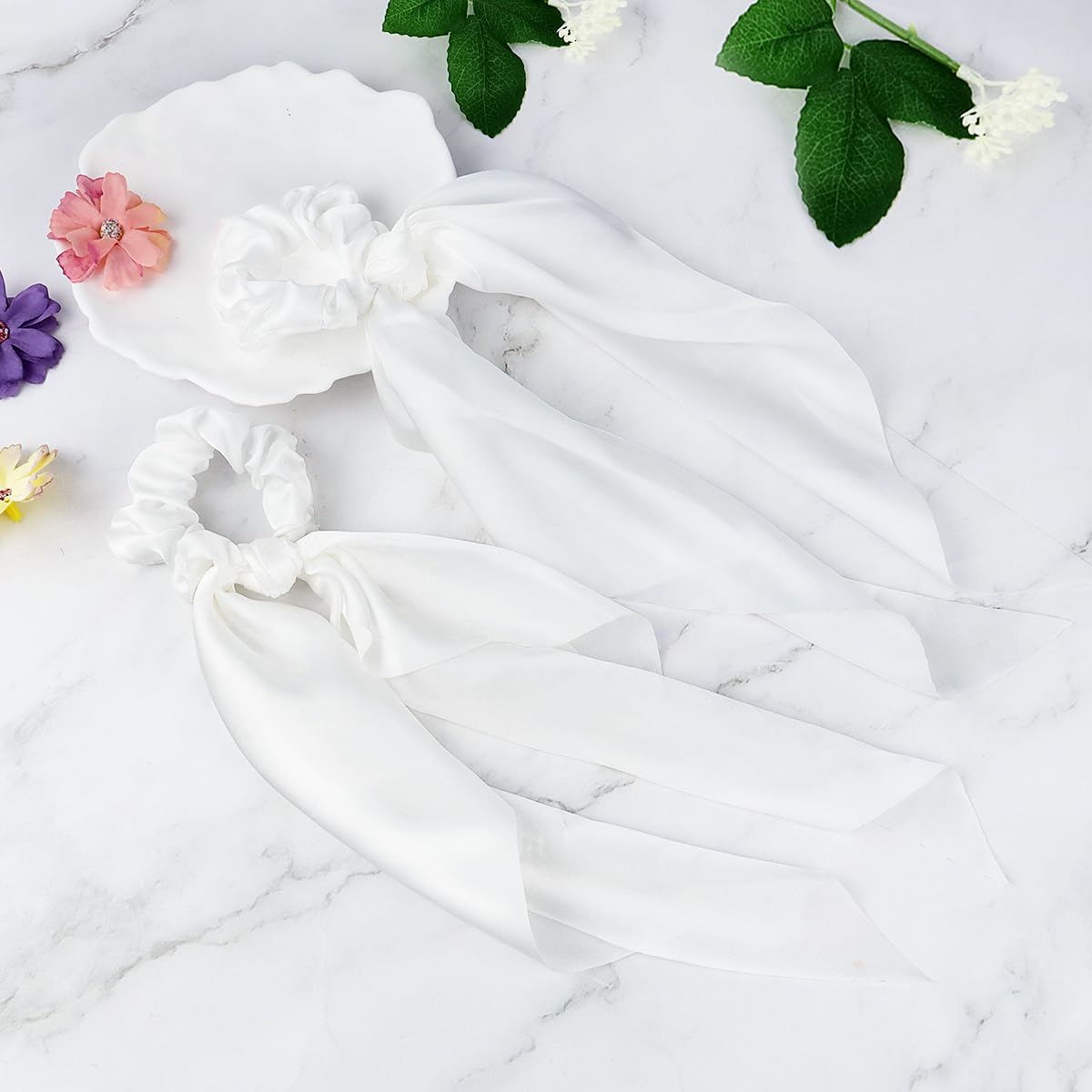 2 Pcs Knotted Bow Satin Hair Scrunchie Hair Scarf with Tail Hair Scrunchies Elastic Hair Scarf Ponytail Holder for Women and Girls (White)
