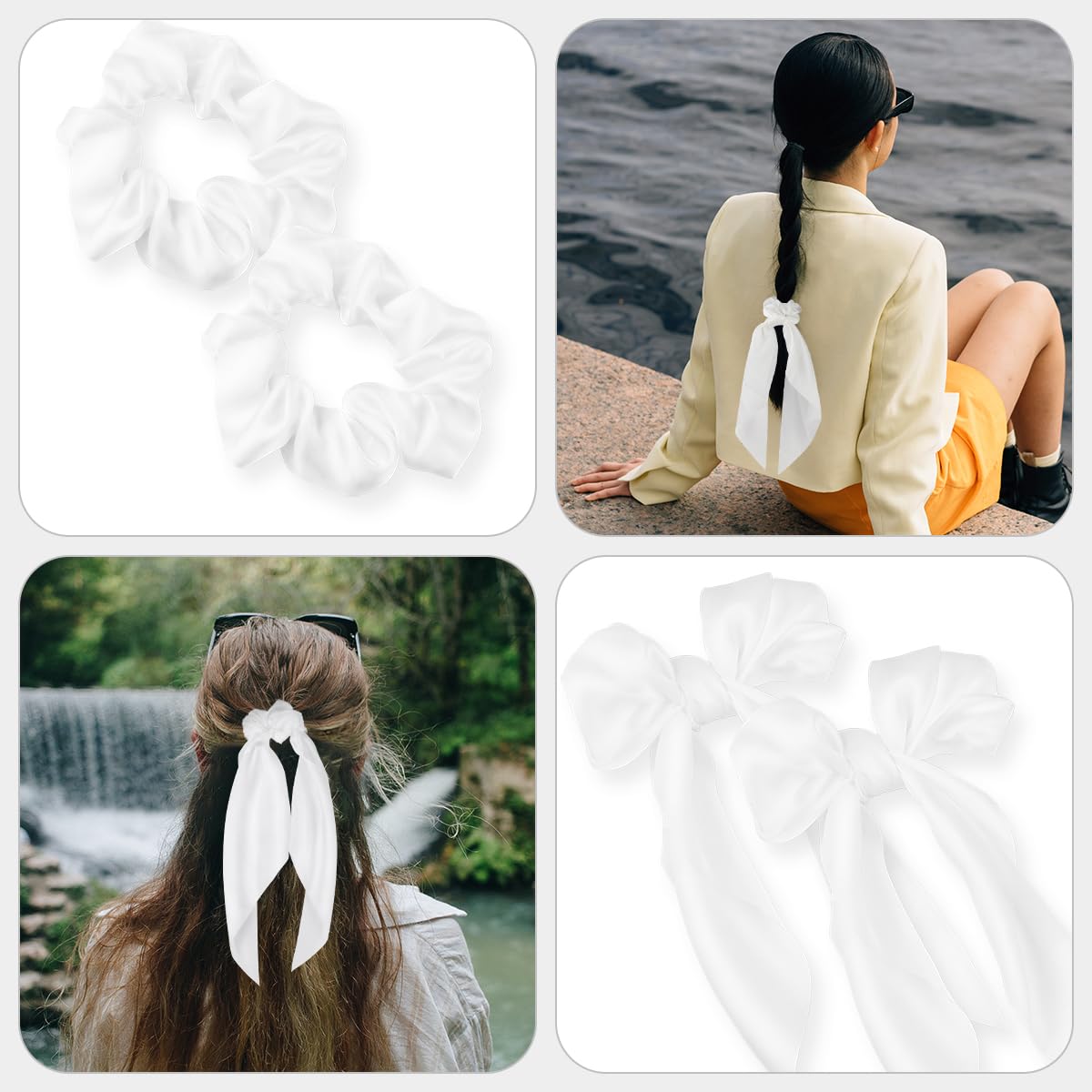 2 Pcs Knotted Bow Satin Hair Scrunchie Hair Scarf with Tail Hair Scrunchies Elastic Hair Scarf Ponytail Holder for Women and Girls (White)