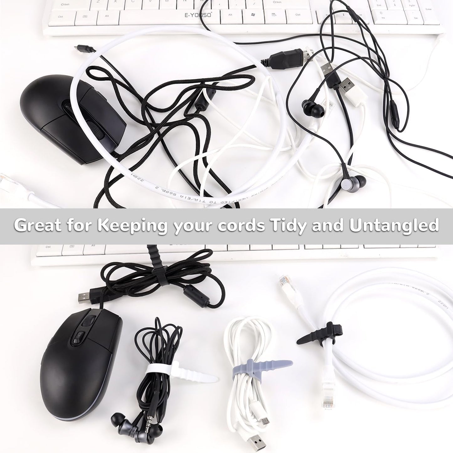 30Pcs Silicone Zip Ties Rubber Cable Ties 4.5 inch Reusable Zip Ties Elastic Cable Organizer for Wire Management (Grey, White, Black)
