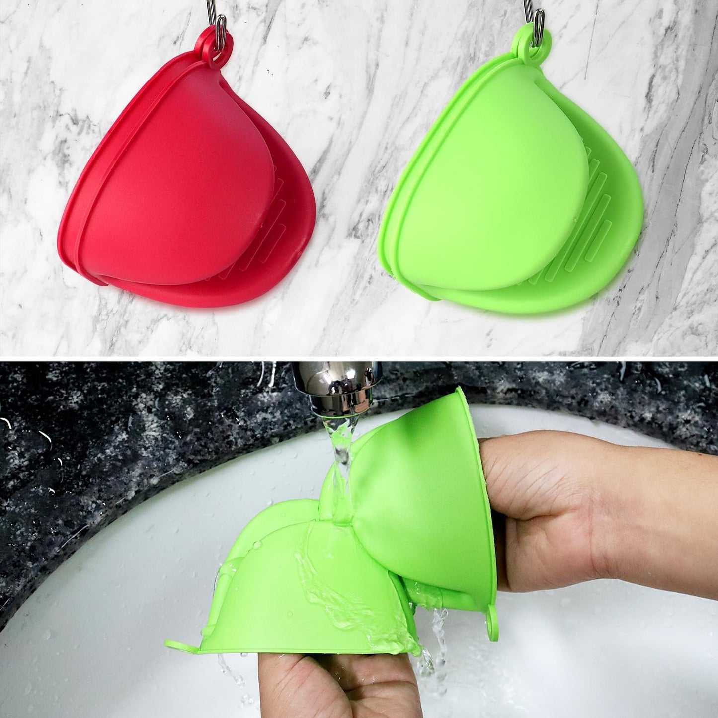 2 Pairs Mini Oven Gloves, Silicone Oven Mitts Heat Resistant, Silicone Potholders Cooking Pinch for Kitchen Cooking & Baking (Red and Green)