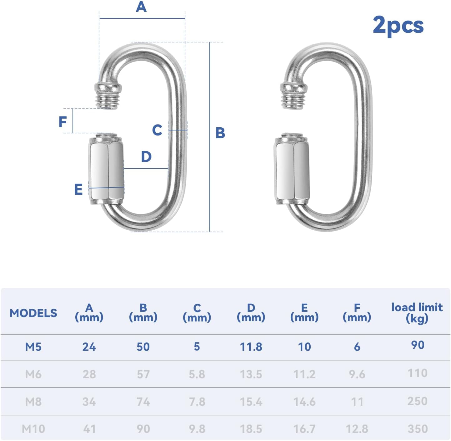 2 Pack Chain Quick Links Duty Chain Link Connector 304 Stainless Steel Locking Carabiner Screw Carabiner, Chain Hooks for Outdoor Traveling Equipment, Connecting Hammock