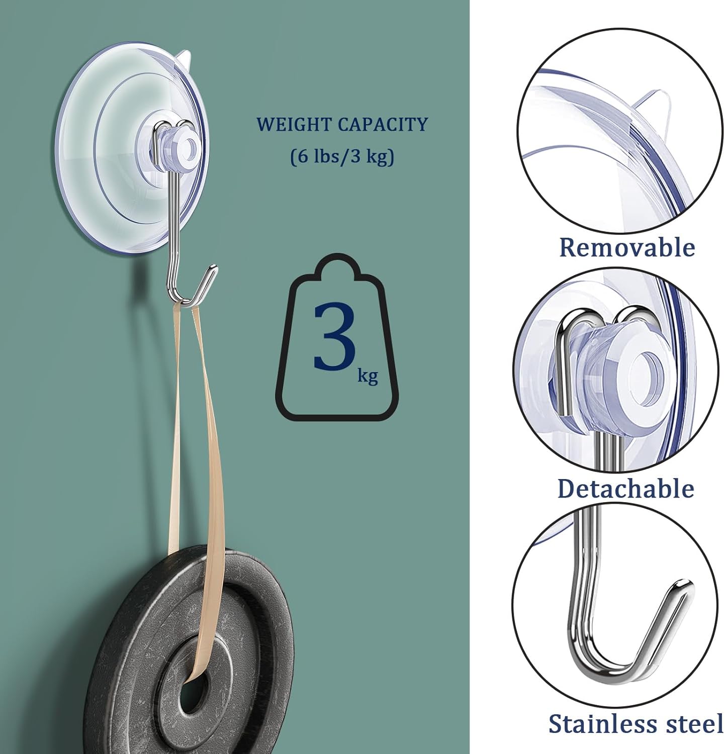 Suction Cup Hooks,6 PCS Clear Suction Cup for Glass Window Decor Shower Bathroom Glass Window Shower Kitchen, Reusable PVC Cups with Removable Stainless Hooks, Assorted (6)