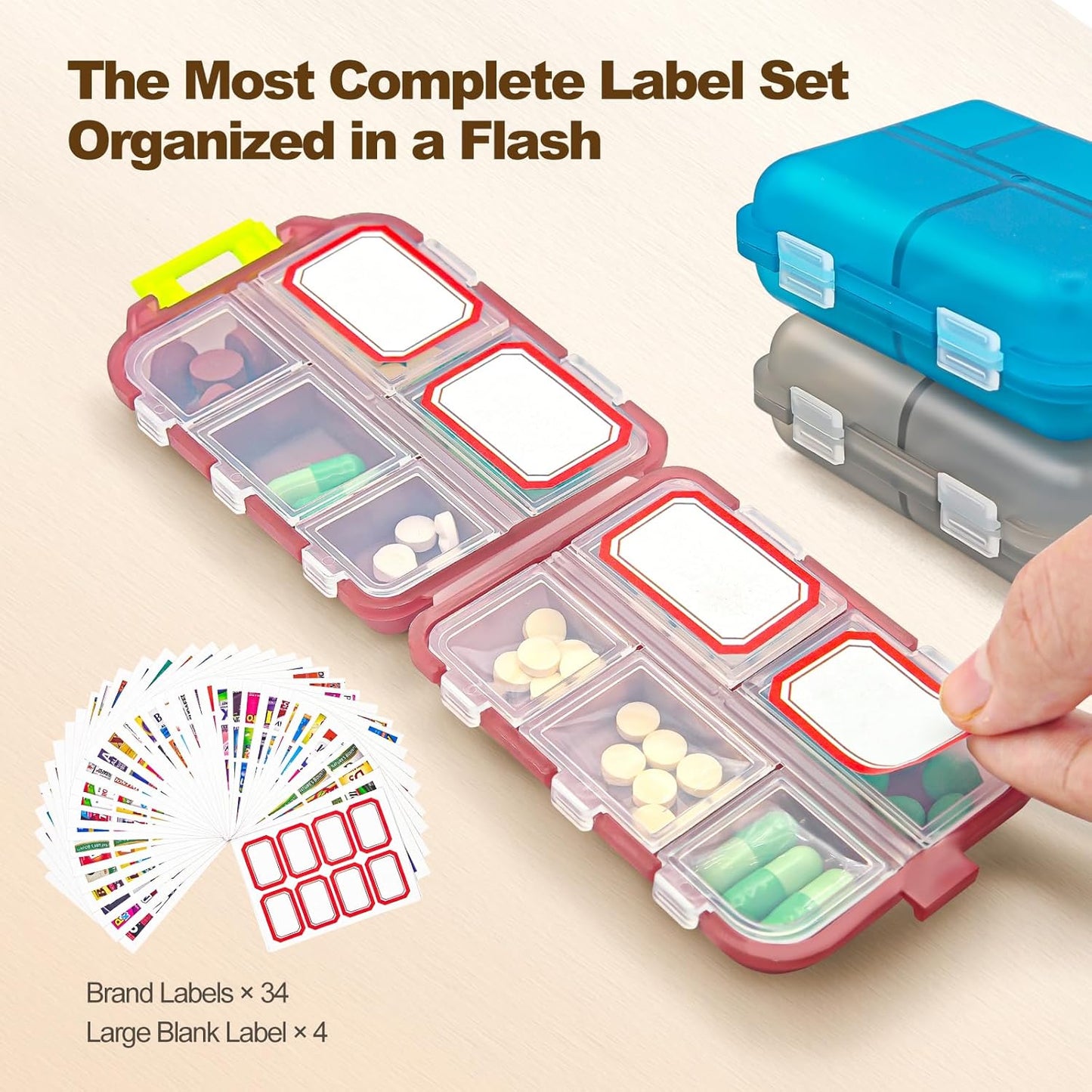 Pill Organizer with Medicine Labels, 10 Compartments Travel Pill Box with Removable Labels, Portable Foldable Supplement Box Holder for Fish Oil Vitamin