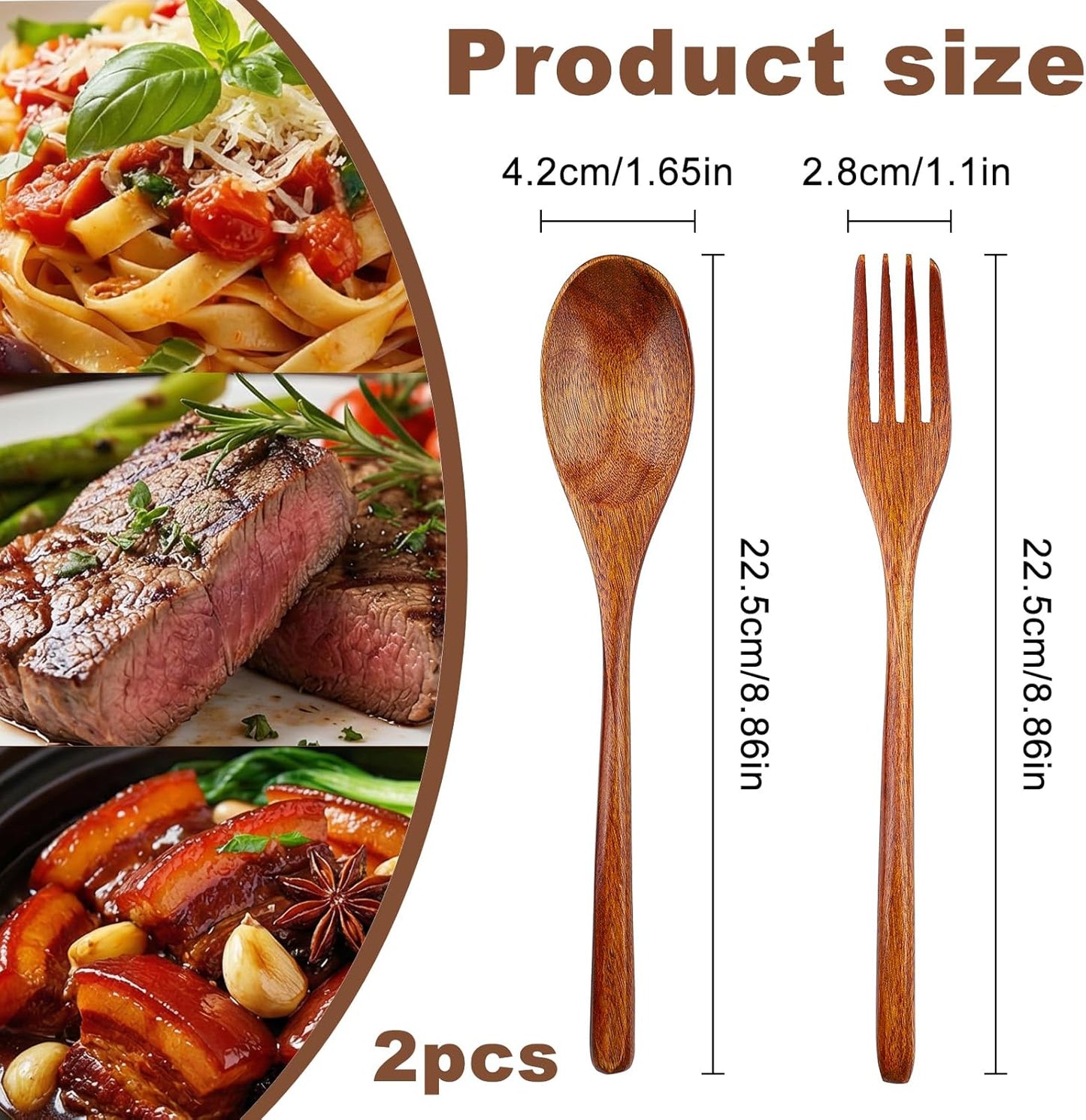 2Pcs Wooden Spoons and Forks - Reusable Wooden Utensil Set - Handmade Flatware Tableware Cutlery for Cooking Eating Kitchen Travel and Camping