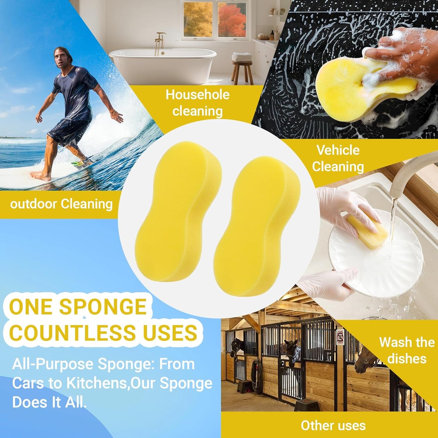 3-Pack Car Wash Sponges, 8.7" x 4.3" Large Sponges - Extra Thick Foam Cleaning Sponge for All-Purpose Cleaning, Ideal Washing Sponges for Kitchen, Bathroom, Household